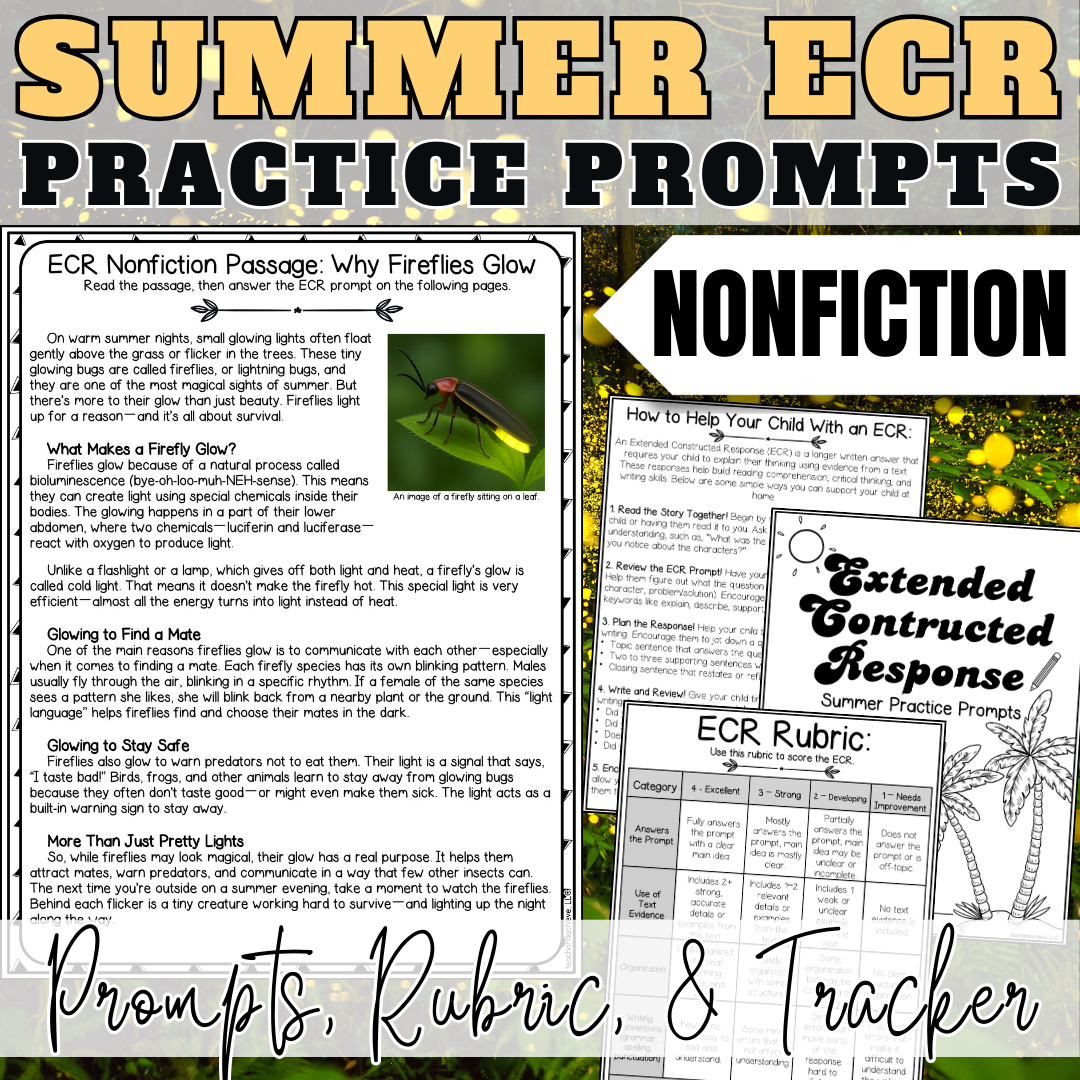 Summer ECR Writing Prompts | Nonfiction Extended Constructed Response Practice | Reading Comprehension Test Prep |  3rd Grade, 4th Grade, 5th Grade