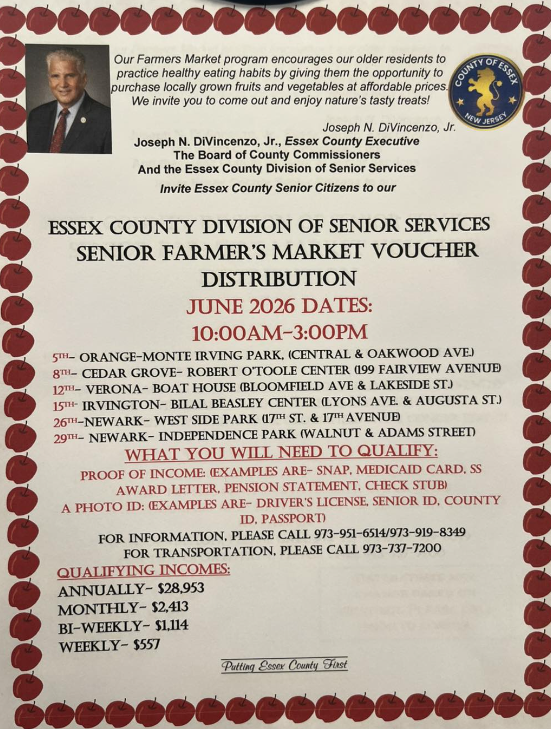 Flyer for Essex County Senior Farmer's Market Voucher Distribution in June 2026, listing dates, locations, qualifications, and contact information, with a red apple border and logos.