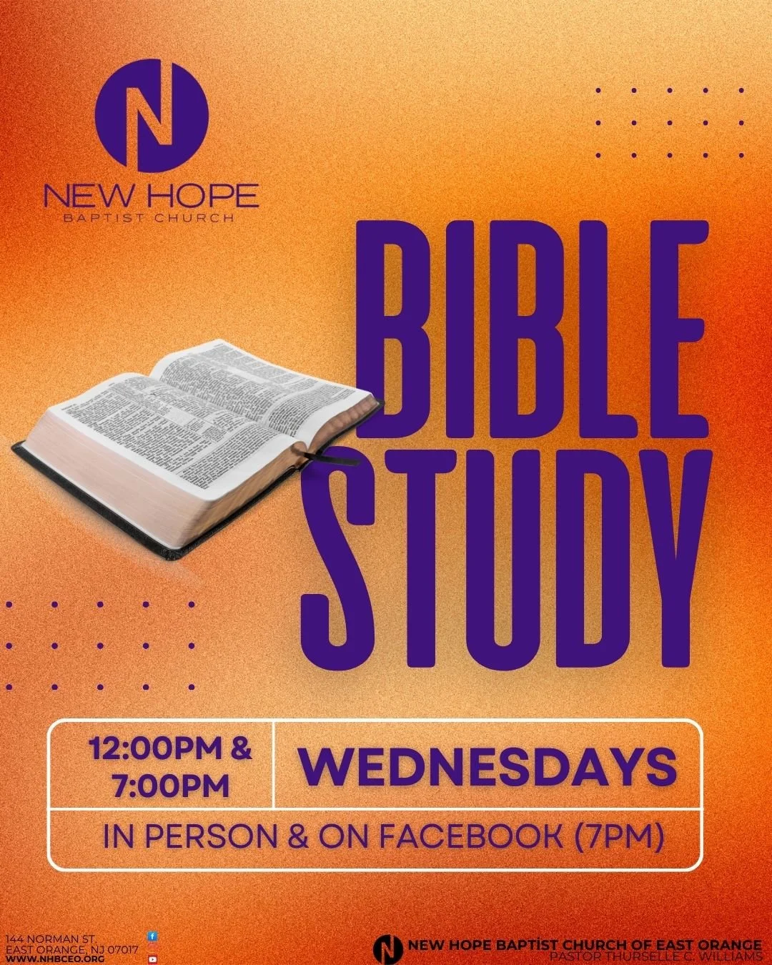 Flyer for New Hope Baptist Church's Bible Study. Features a logo with a purple 'N' and the church's name. Shows an open Bible with a bookmark. Details include Wednesdays at 12:00 PM and 7:00 PM, both in person and on Facebook, with location at 144 No