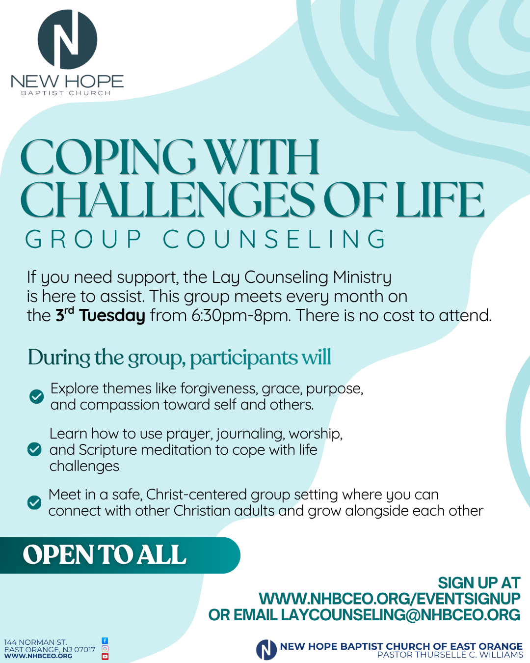 Flyer for coping with challenges of life group counseling at New Hope Baptist Church. The flyer includes the church logo, meeting details, themes discussed, and contact information.