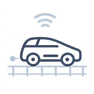 Advanced Capabilities A self-driving car on a road with Wi-Fi signal icon above it.