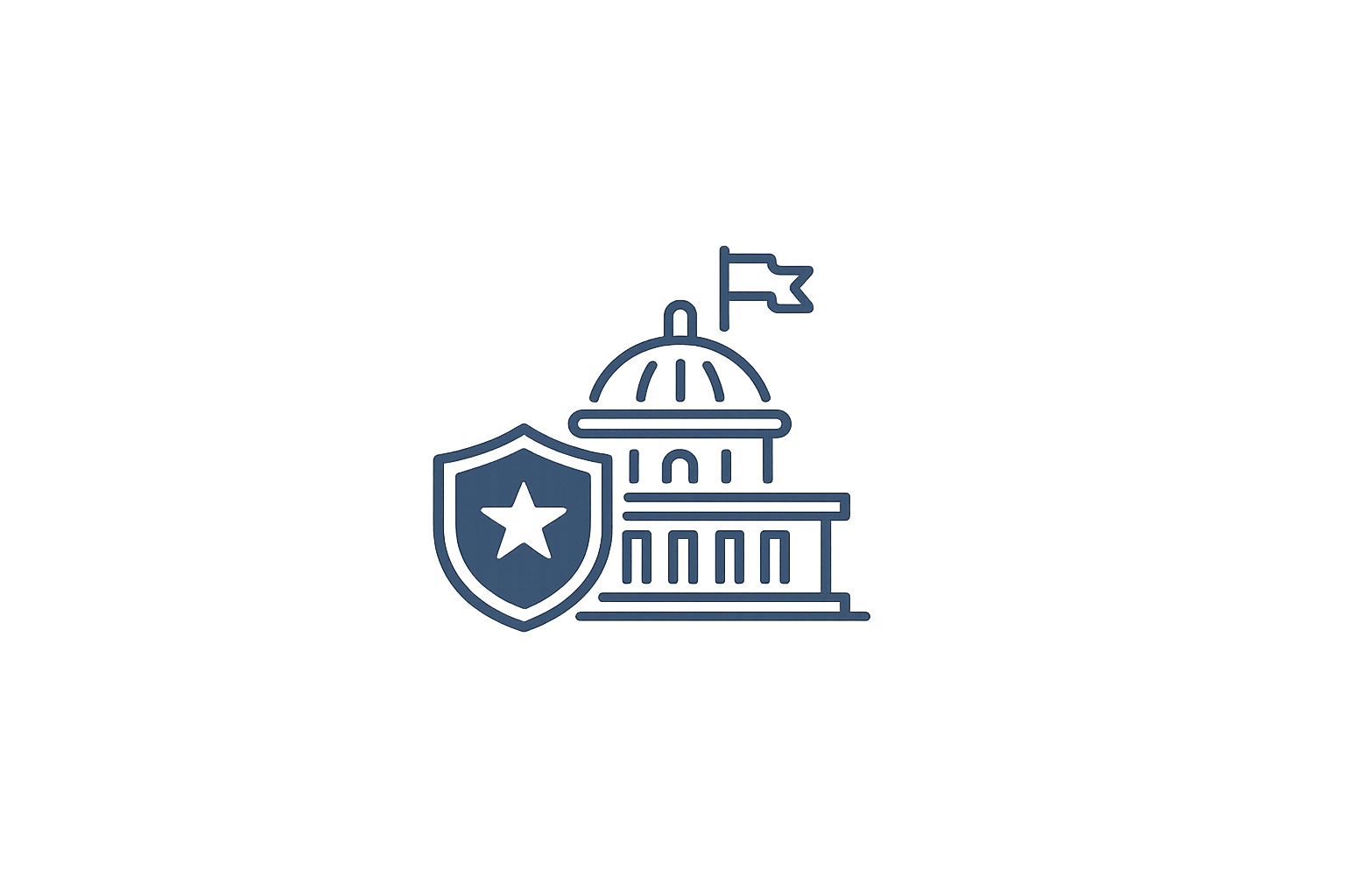 Government & Defense Outline icon of a government building with a dome, a flag, and a shield with a star in front.