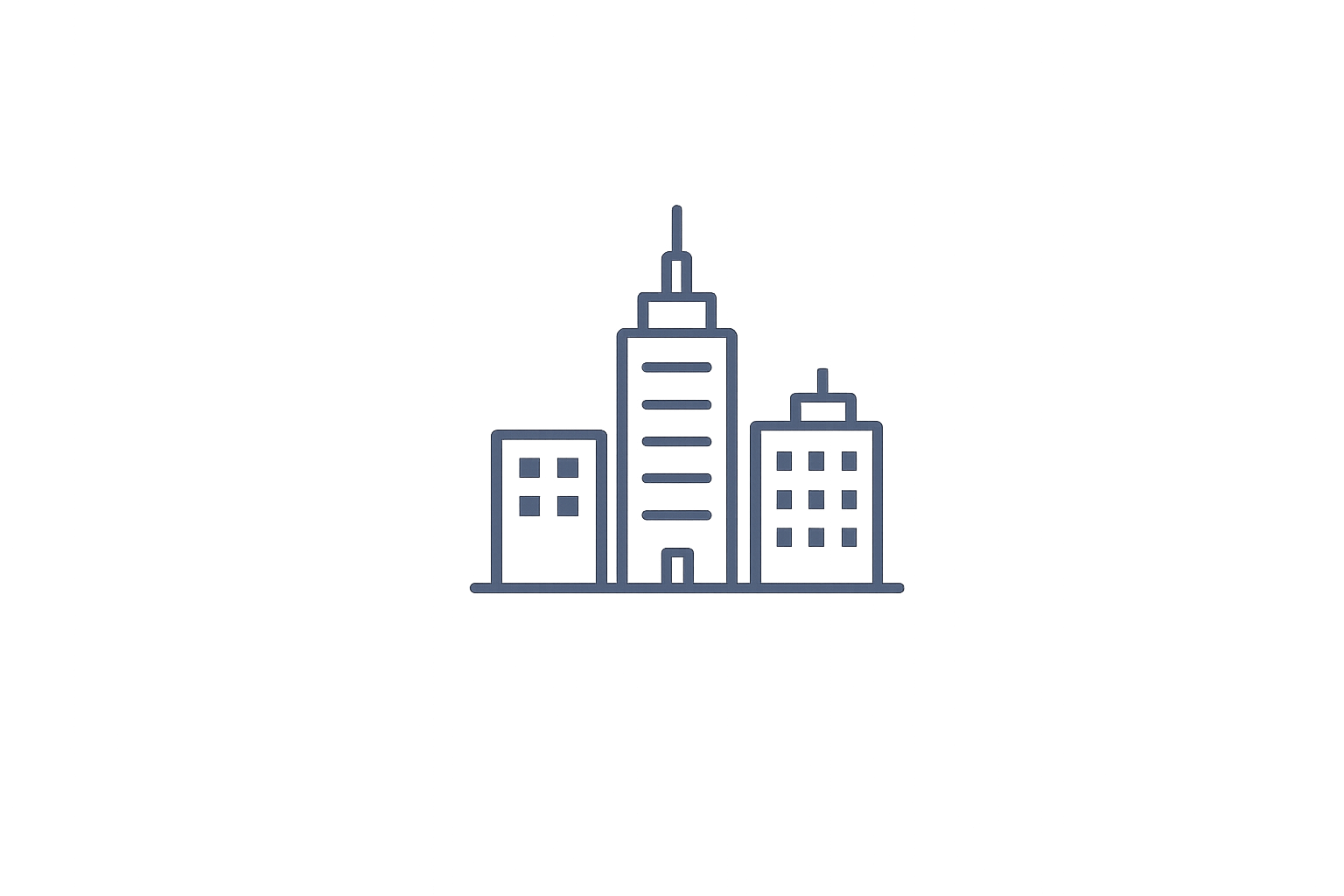 Commercial & Industrial Outline of a city skyline with three tall buildings on a dark background.