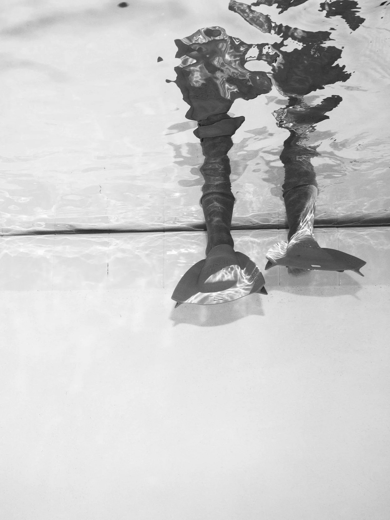 Two robotic fish models are partially submerged in water, with their heads above water and their tails below, creating ripples on the water surface.