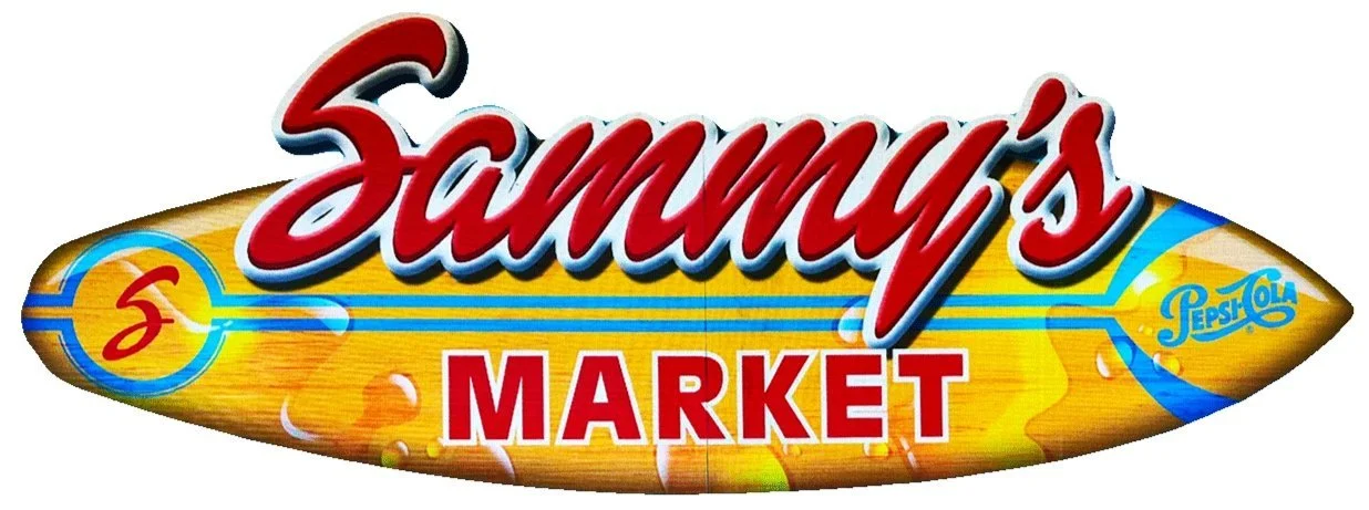 Sign for Sammy's Market with a Pepsi logo and a candy cane illustration, featuring red and yellow colors.