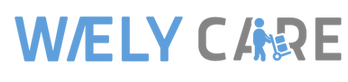 WELY CARE logo with the letter 'L' replaced by a person and a shopping cart icon.