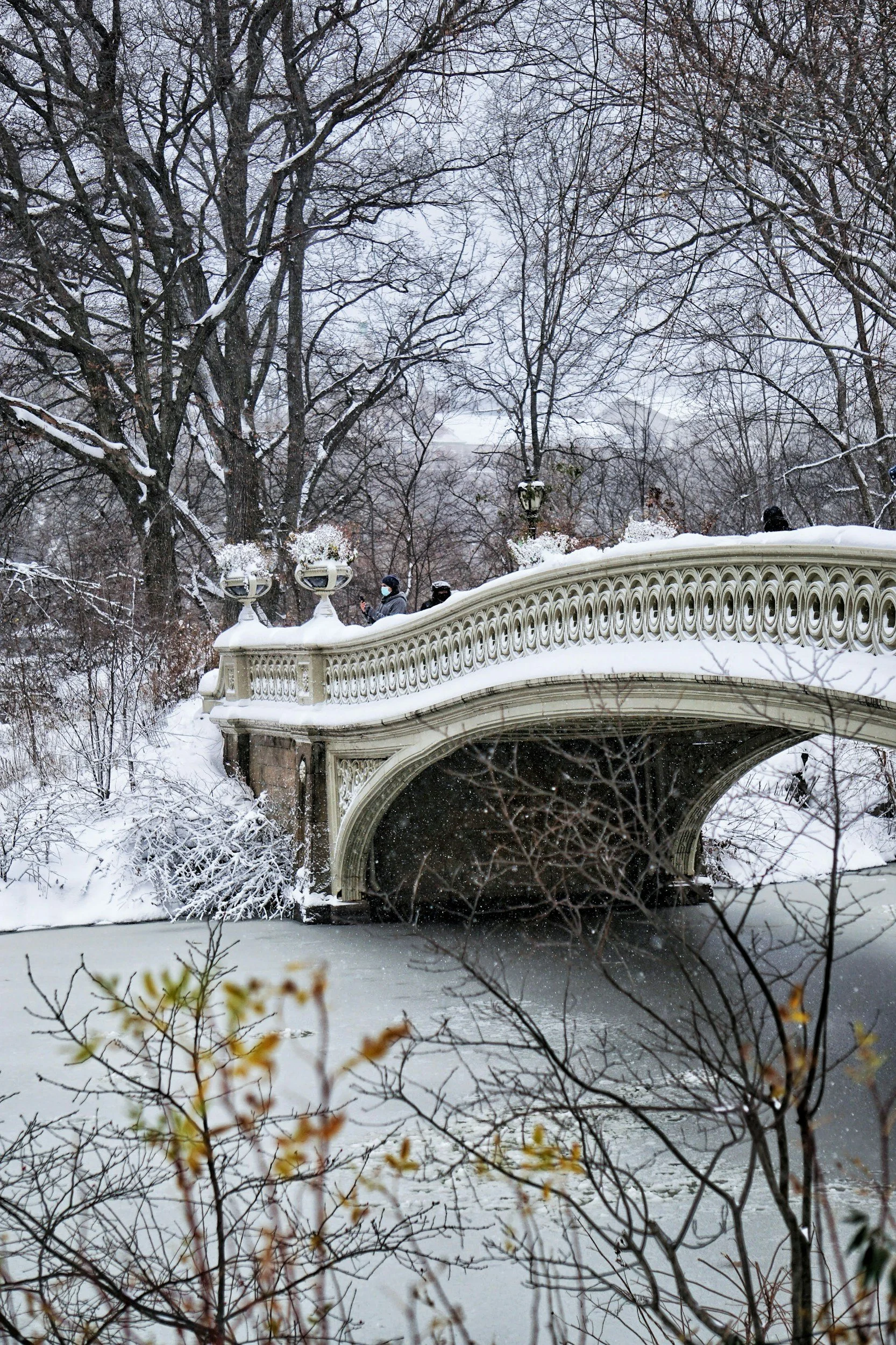 Bow Bridge in Central Park covered in snow, a quiet and contemplative scene reflecting the safe space of BIPOC-affirming therapy at Resonance Psychology NYC