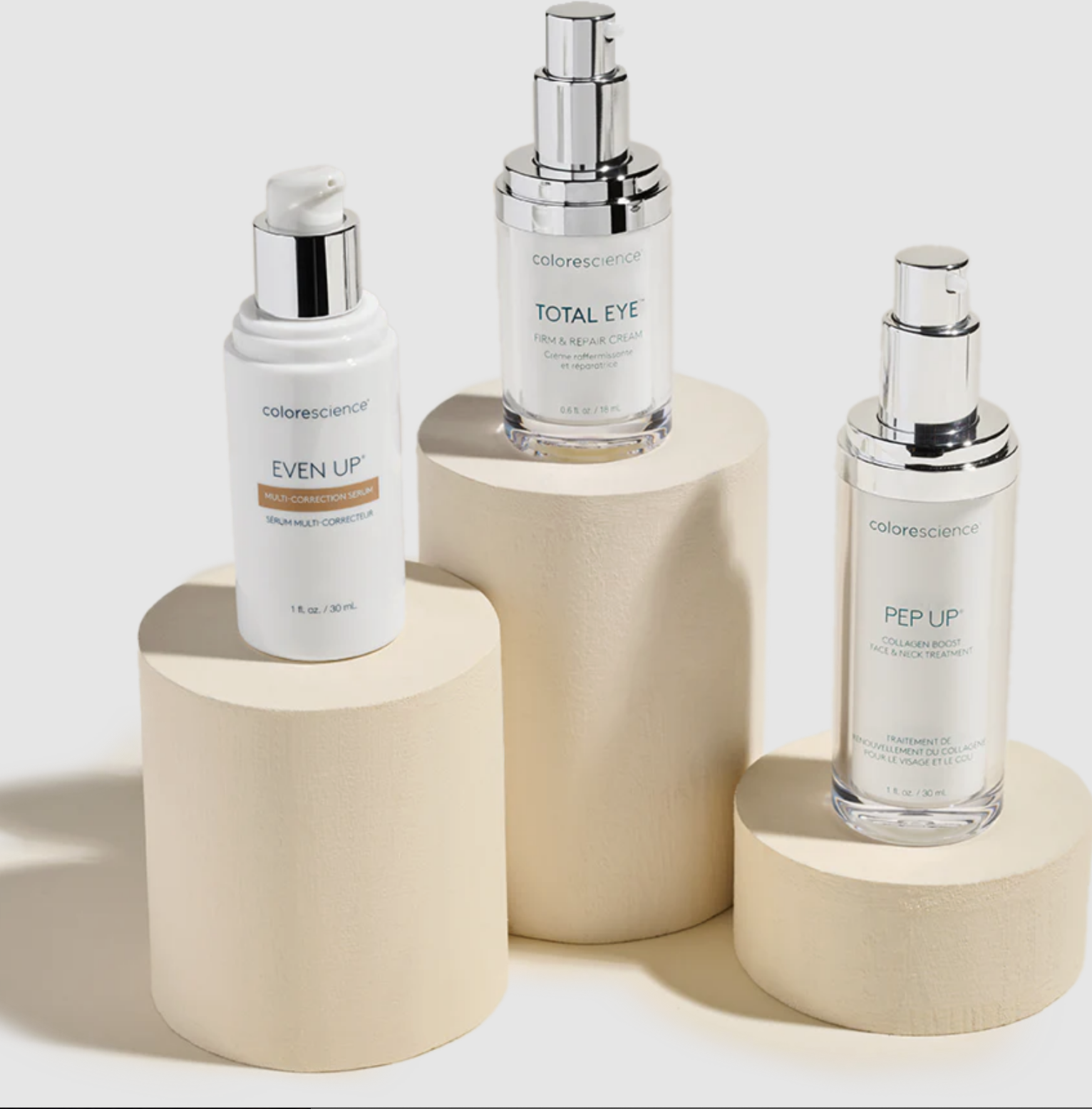 Colorescience Even Up, Total Eye, and Pep Up skincare products