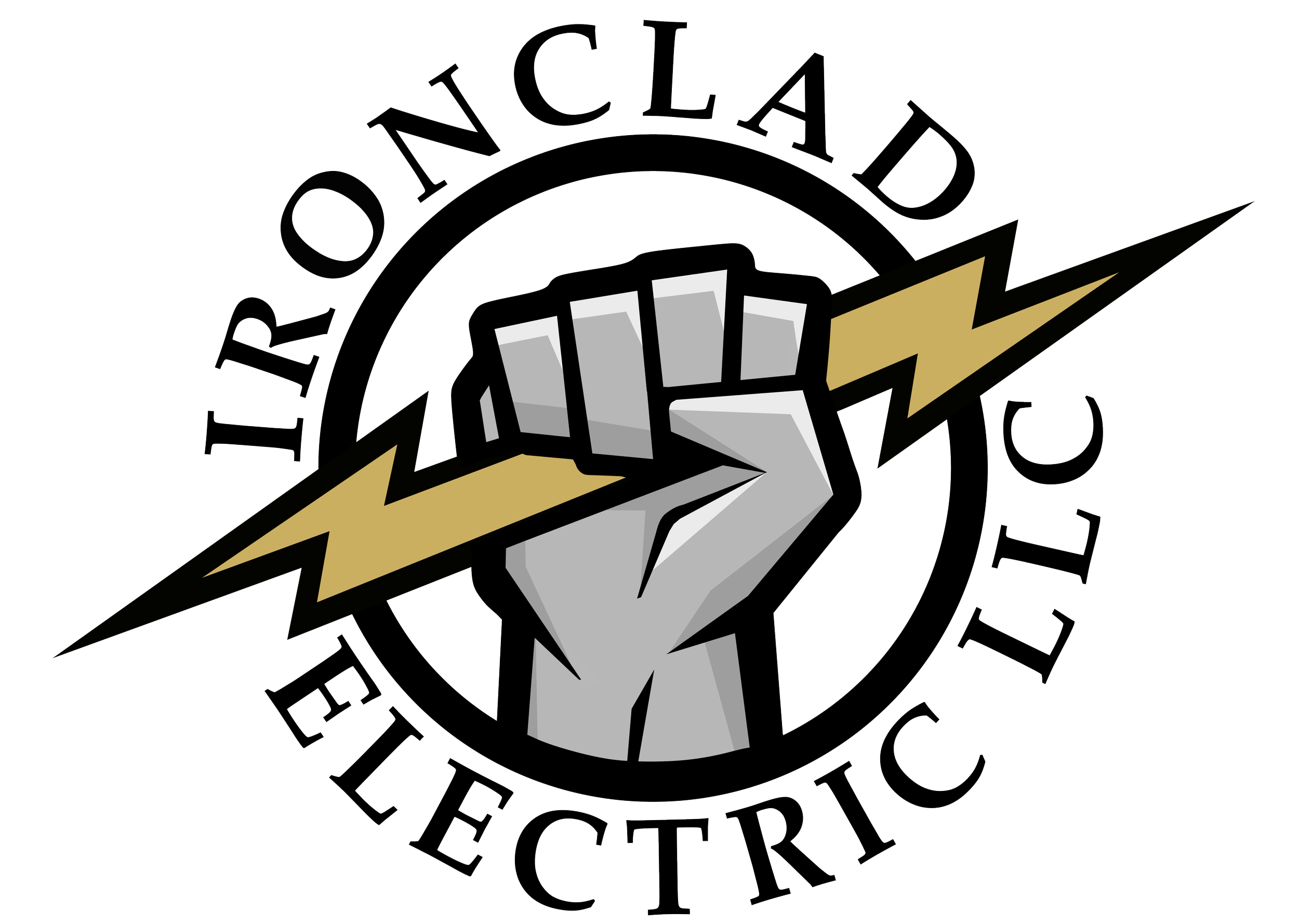 Image of Ironclad Electric Logo Showing an iron fist holding an electrical lightning bolt surrounded by the company name.