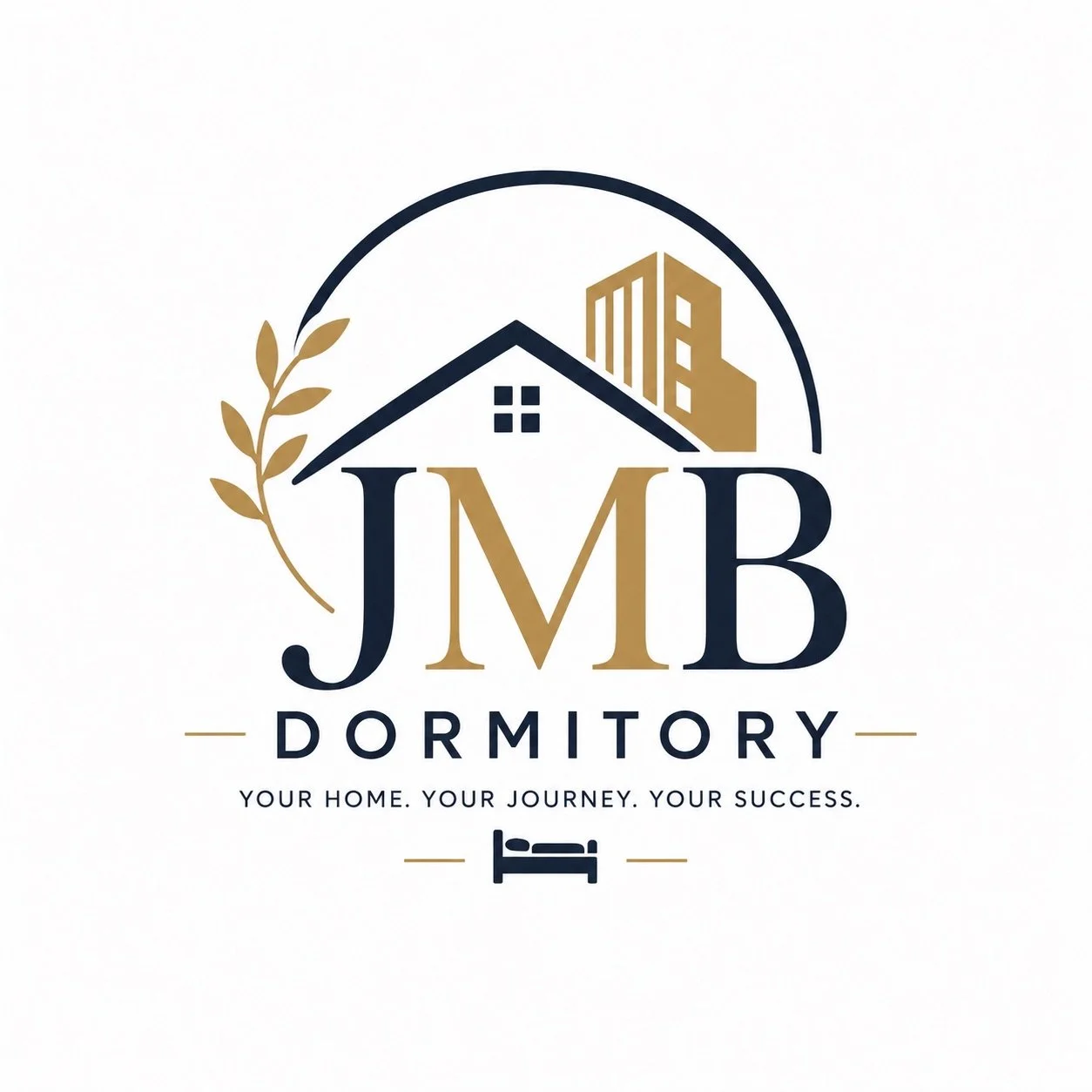 Logo for JMB Dormitory featuring a house with a gabled roof, a leaf, and a cityscape in gold and navy blue colors, with the tagline 'Your home. Your journey. Your success.'