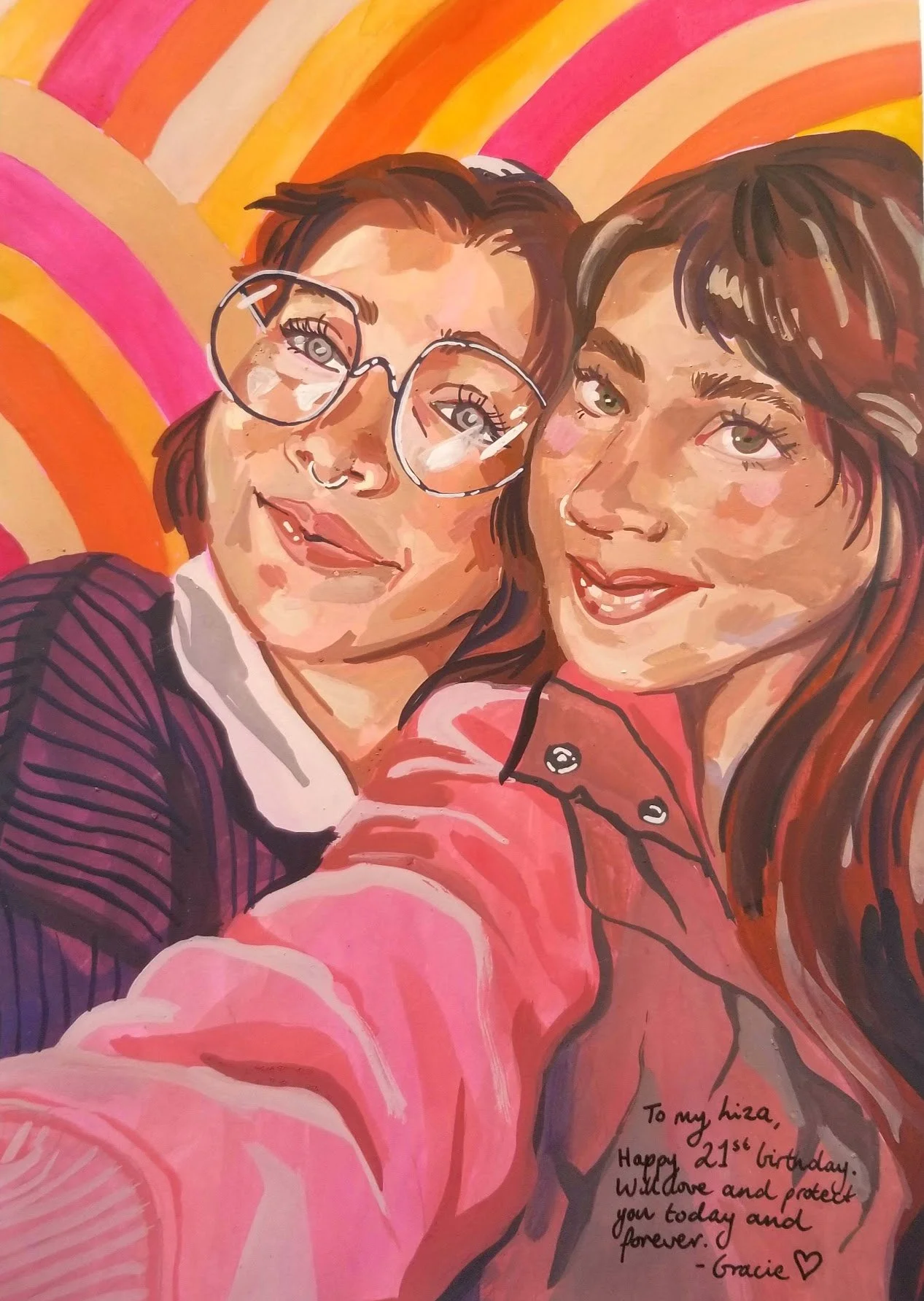 commissioned portrait of two lovely sisters, painted with gouache