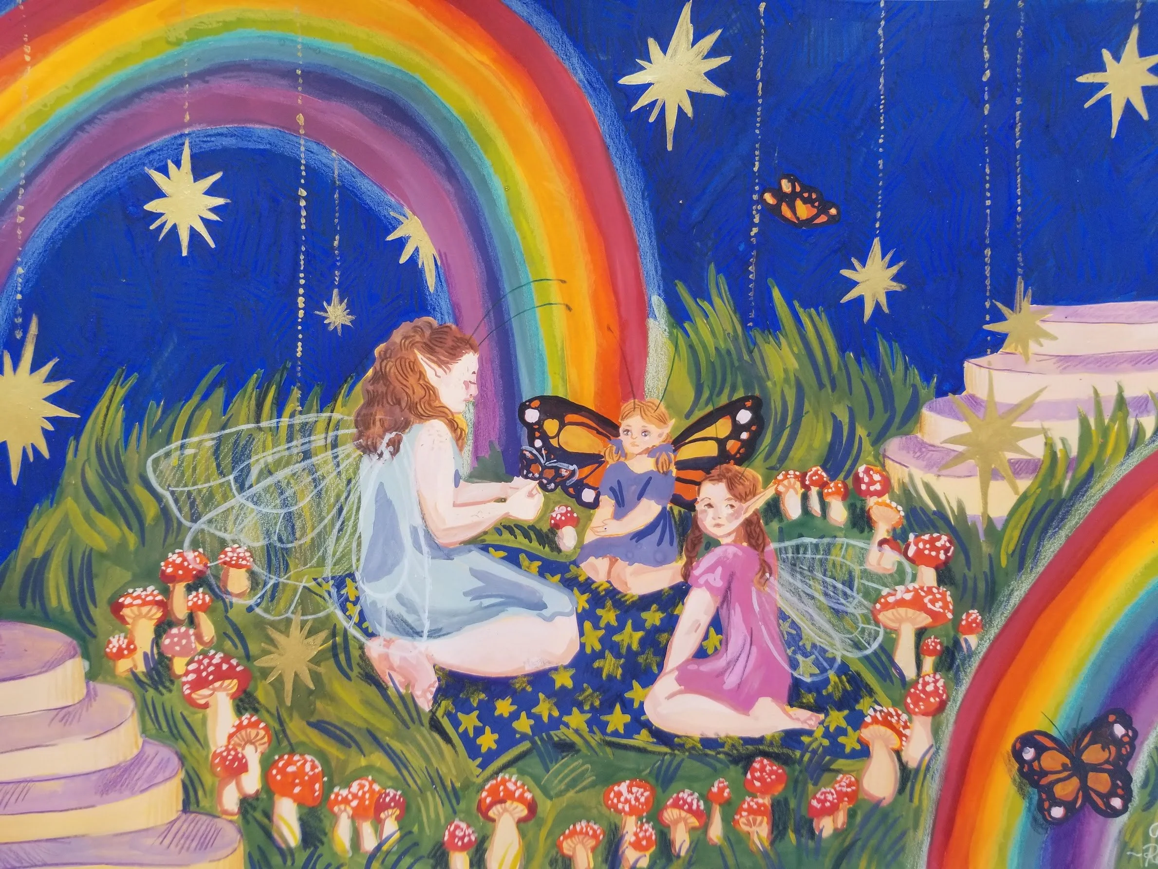 fantastical fairy ring, a mixed media piece done with coloured pencils, gouache, and gold lustre.