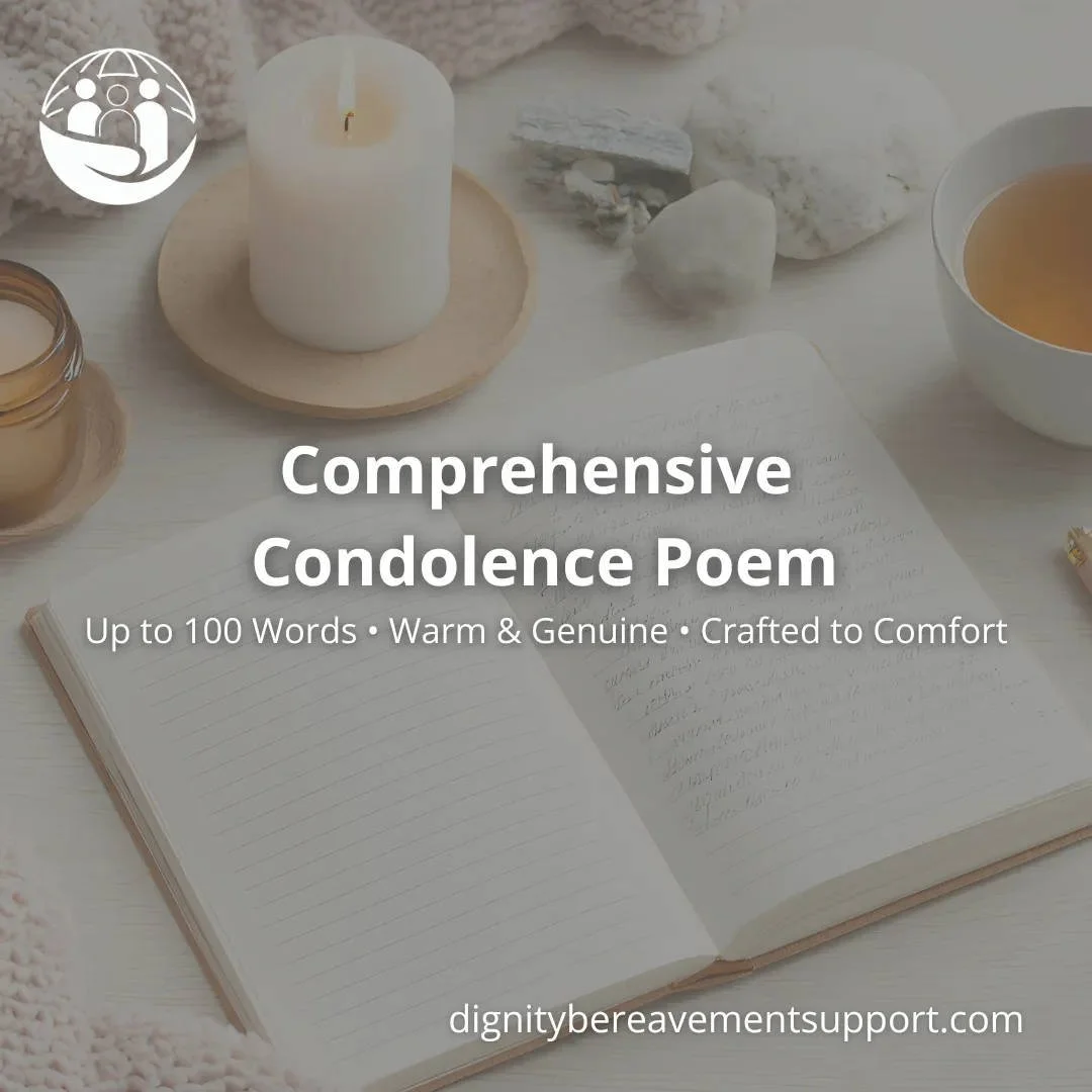 Warm candle, tea, and an open notebook on a calm desk — imagery for the Comprehensive Condolence Poem service.