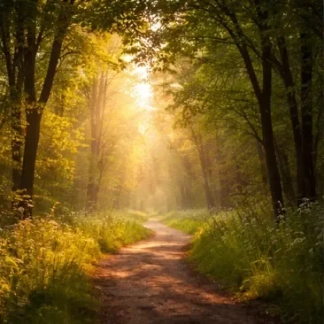 Sunlit woodland path symbolising the journey of love and shared life celebrated in anniversary speeches.