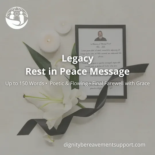 Legacy Rest in Peace Message service graphic with memorial frame and white lily — up to 150 words, poetic and flowing farewell written with grace.