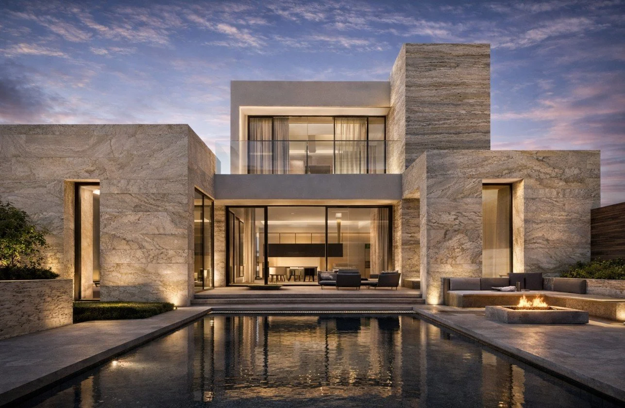 Modern luxury house with stone exterior, glass doors, outdoor seating area, fire pit, and reflecting pool at sunset.