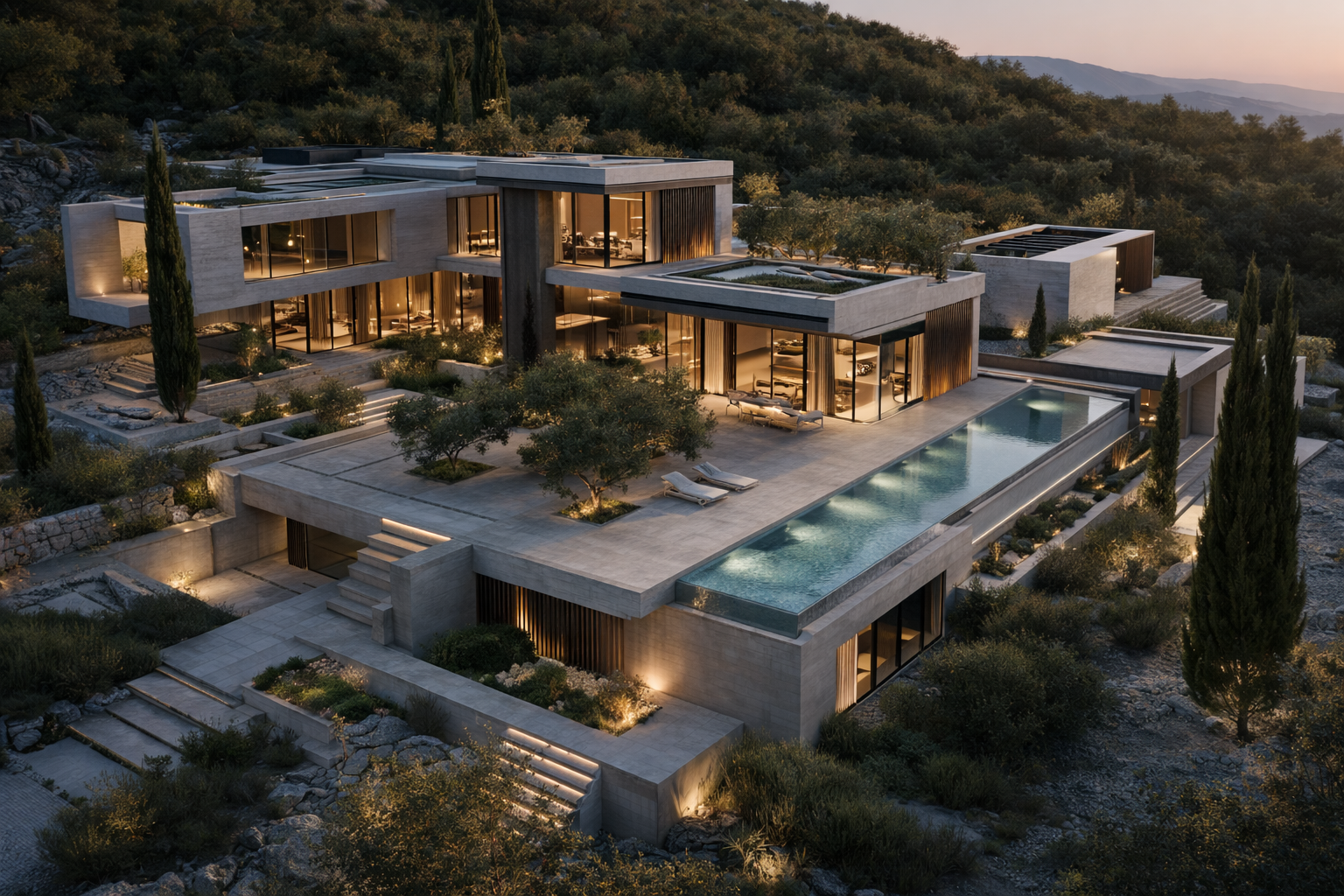 Modern multi-level house with large glass windows and a long swimming pool on a hillside at sunset, surrounded by trees and natural landscape.