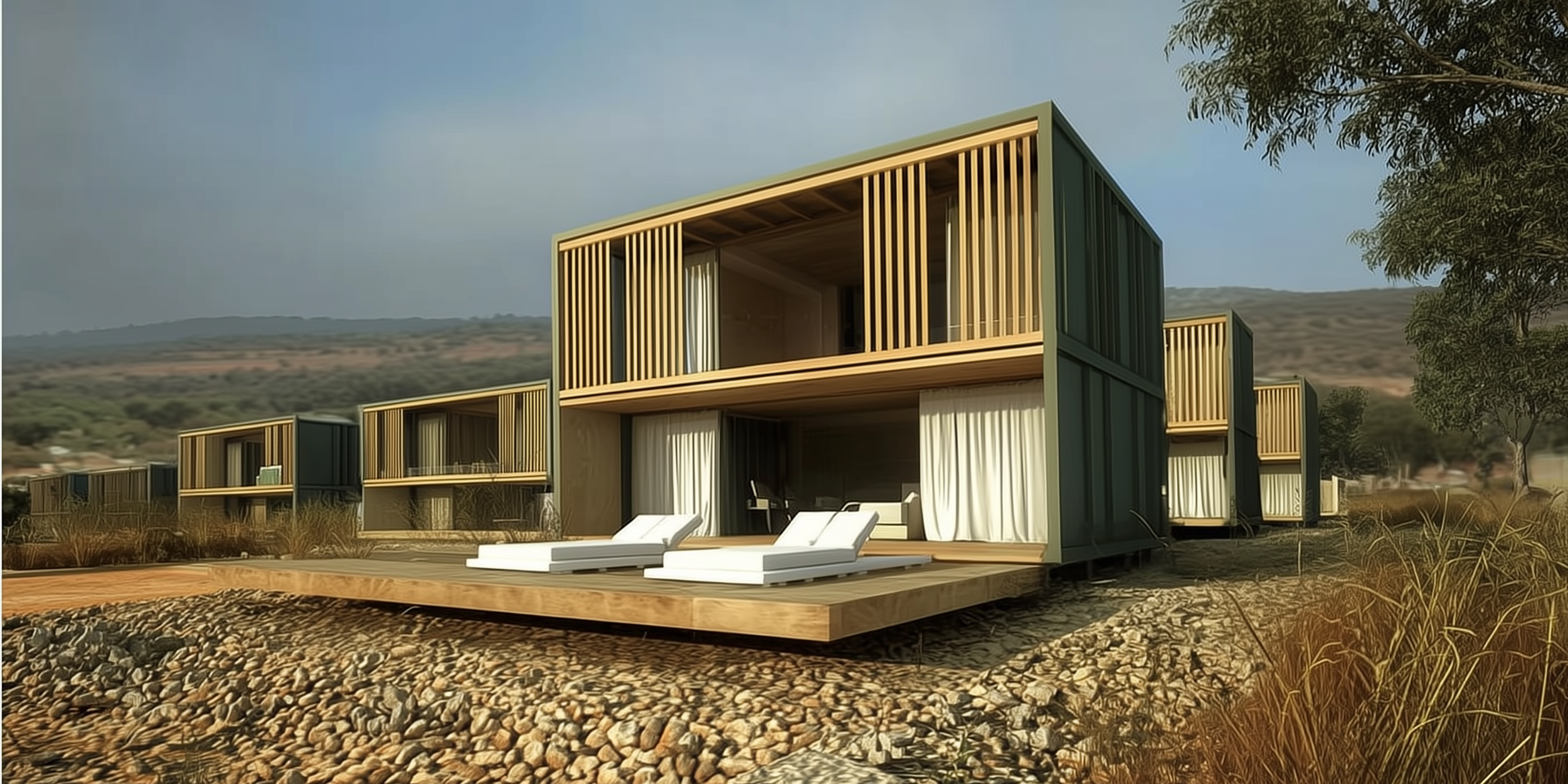 A modern two-story house with large glass windows and wooden accents, situated on a rocky terrain with a mountain backdrop, featuring balcony areas and outdoor lounge chairs.