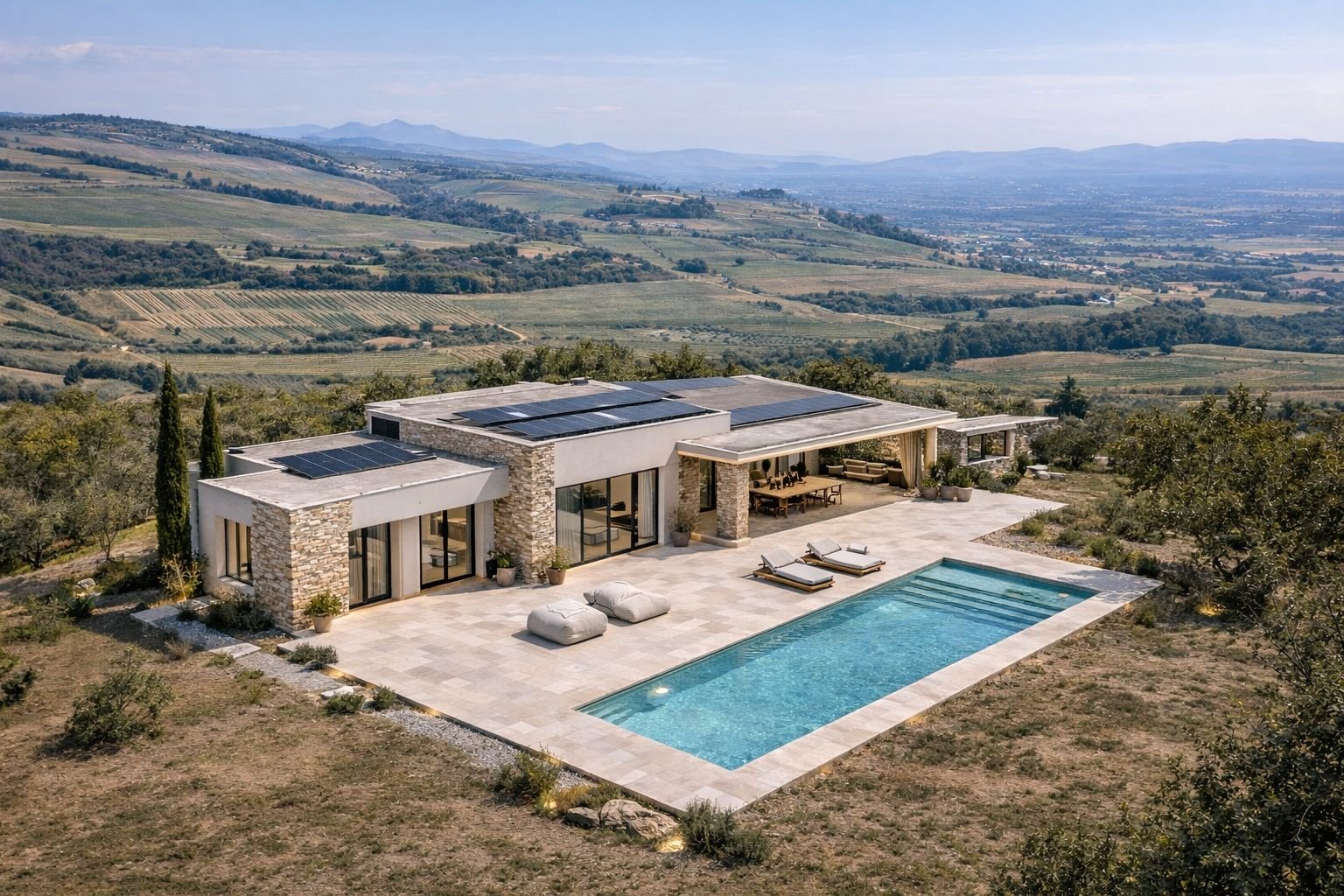 Modern single-story house with stone and concrete exterior, solar panels on roof, large glass doors, outdoor seating area, swimming pool, and lounge chairs, set in a hilly landscape with fields and mountains in the background.