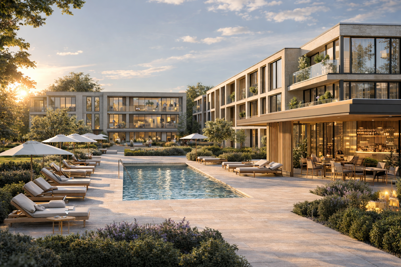 Modern residential complex with a swimming pool, sun loungers, umbrellas, and a landscaped garden during sunset.