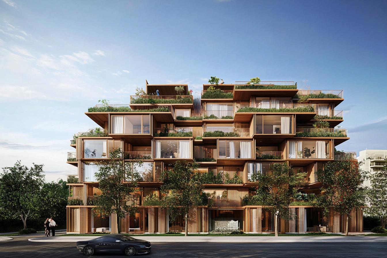 Modern multi-story residential building with large glass windows, wooden accents, and greenery on balconies and rooftops, with trees, people walking, and a car in the foreground.