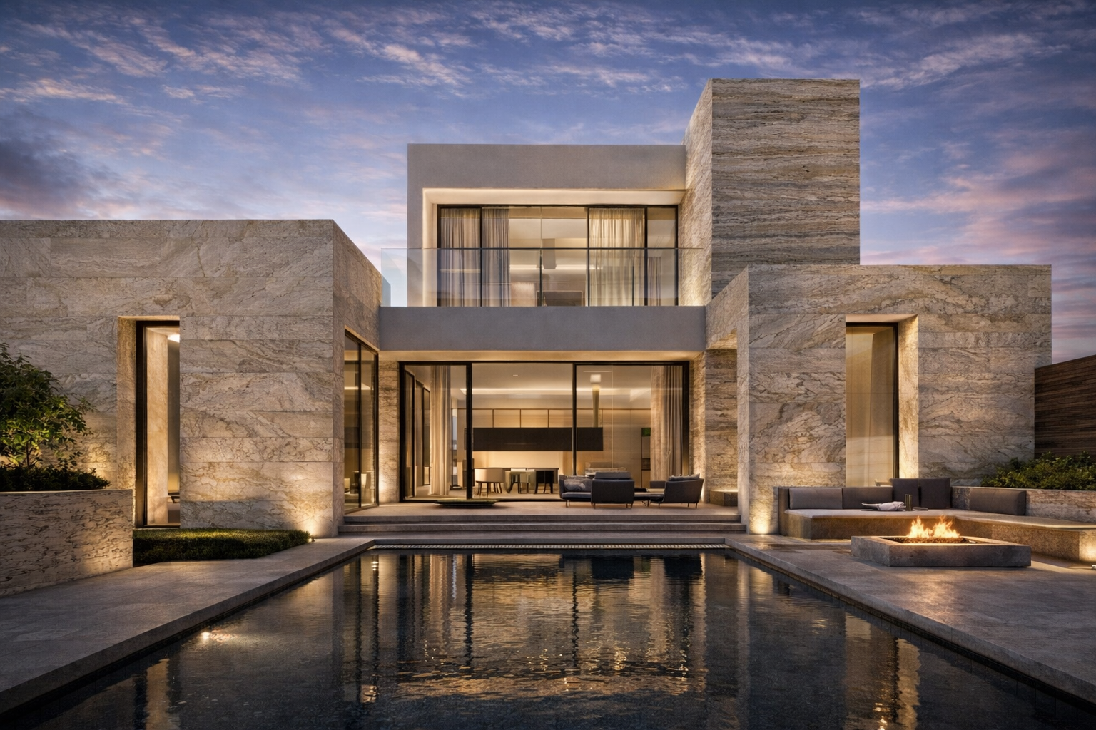 Modern luxury house with stone facade, large glass windows, outdoor seating area, and swimming pool at dusk.