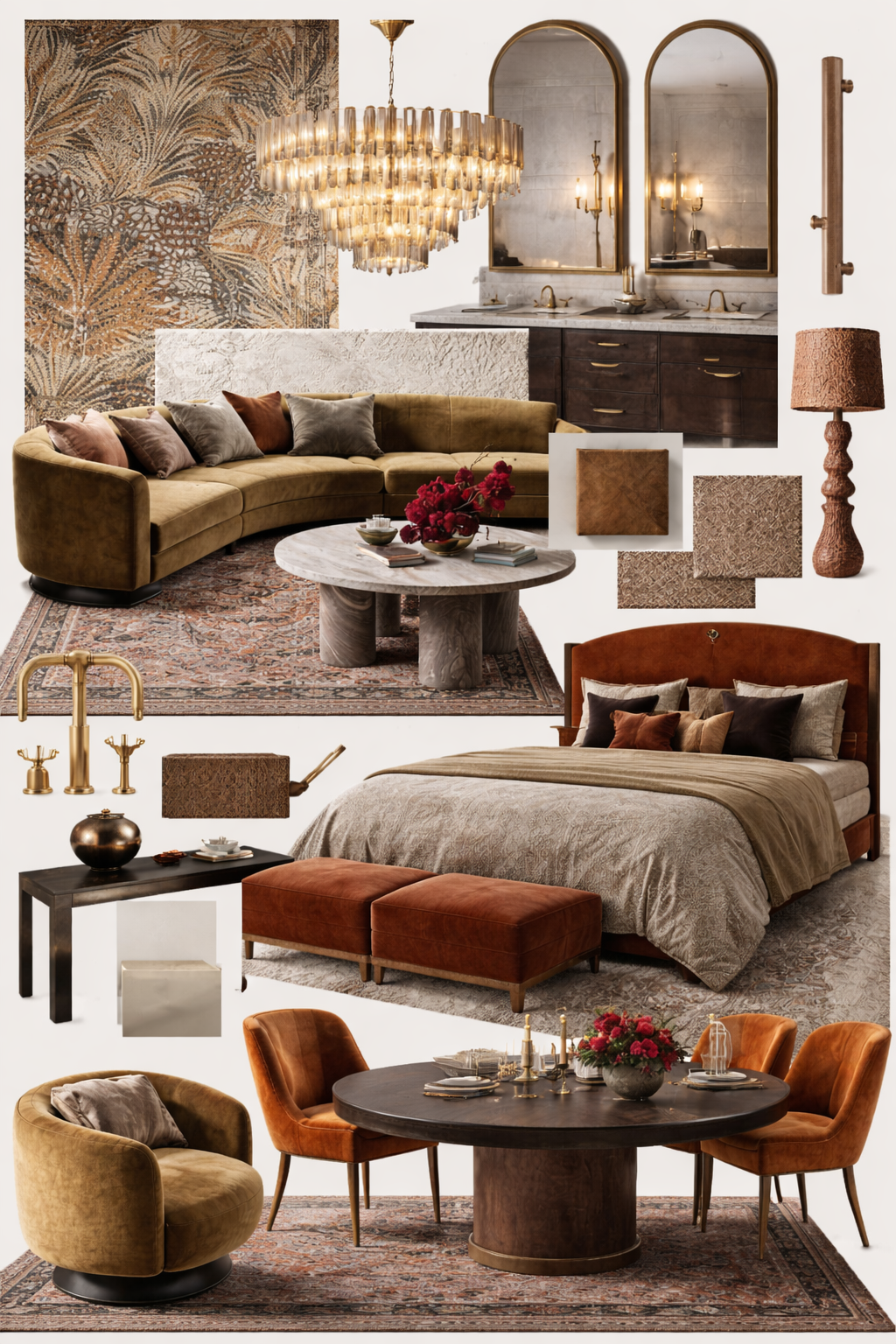 Interior design collage featuring two bedrooms and a living room with vintage and modern furniture, rugs, lamps, mirrors, and decorative accents in warm earthy tones.