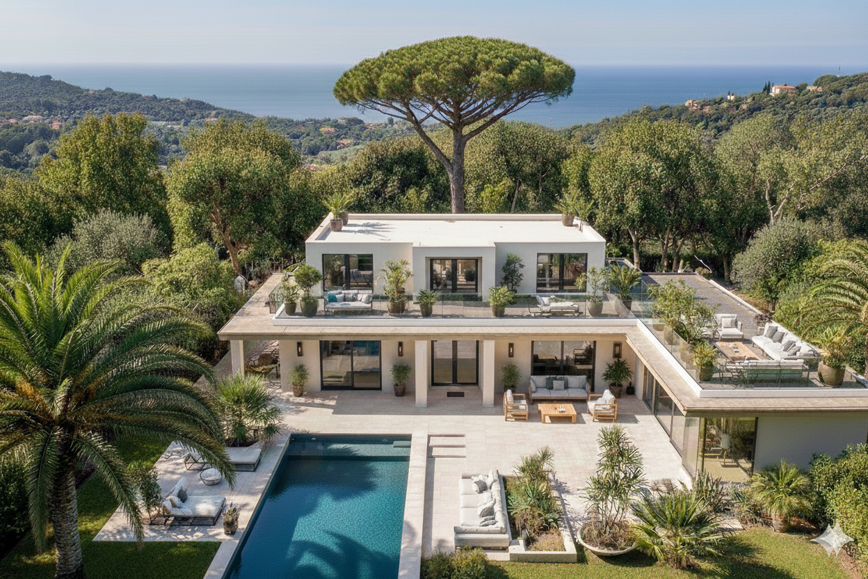 Modern house with white exterior, rooftop terrace with seating, in a lush green landscape, overlooking the ocean in the background, featuring a swimming pool and tropical plants.