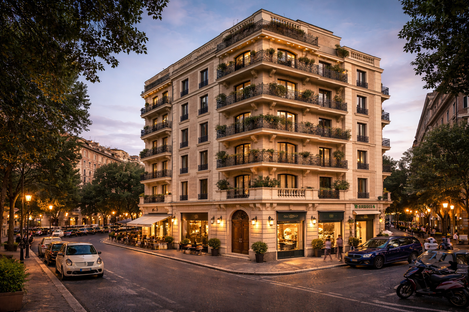A European-style multi-story building with balconies and plants on each floor, located on a busy street at sunset with cars parked along the sidewalk and people walking.