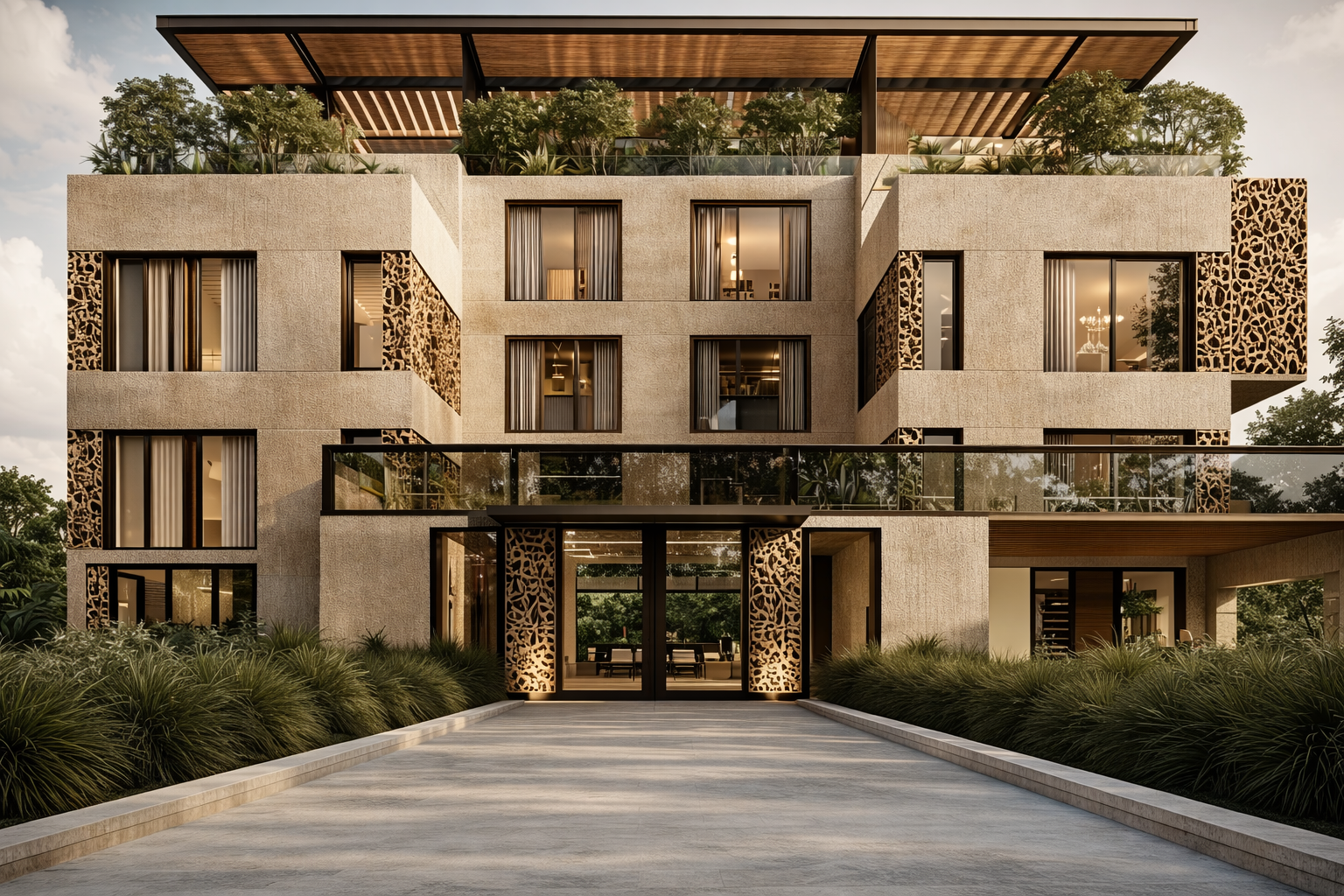 Modern multi-story residential building with decorative patterns on the exterior walls, large windows, and a landscaped entrance.
