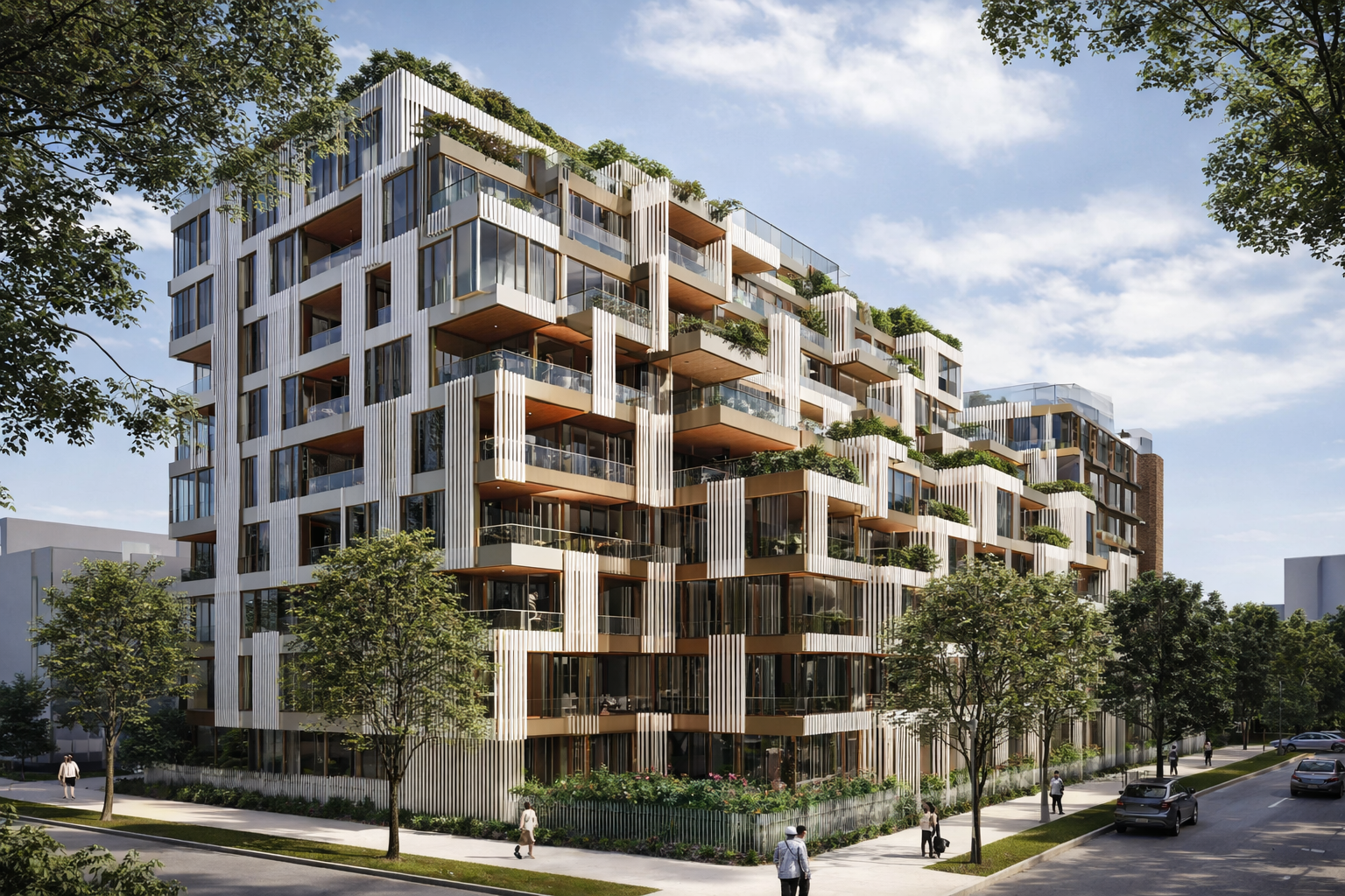 Modern multi-story residential building with balconies, greenery, and large glass windows, located on a tree-lined street with pedestrians and parked cars.