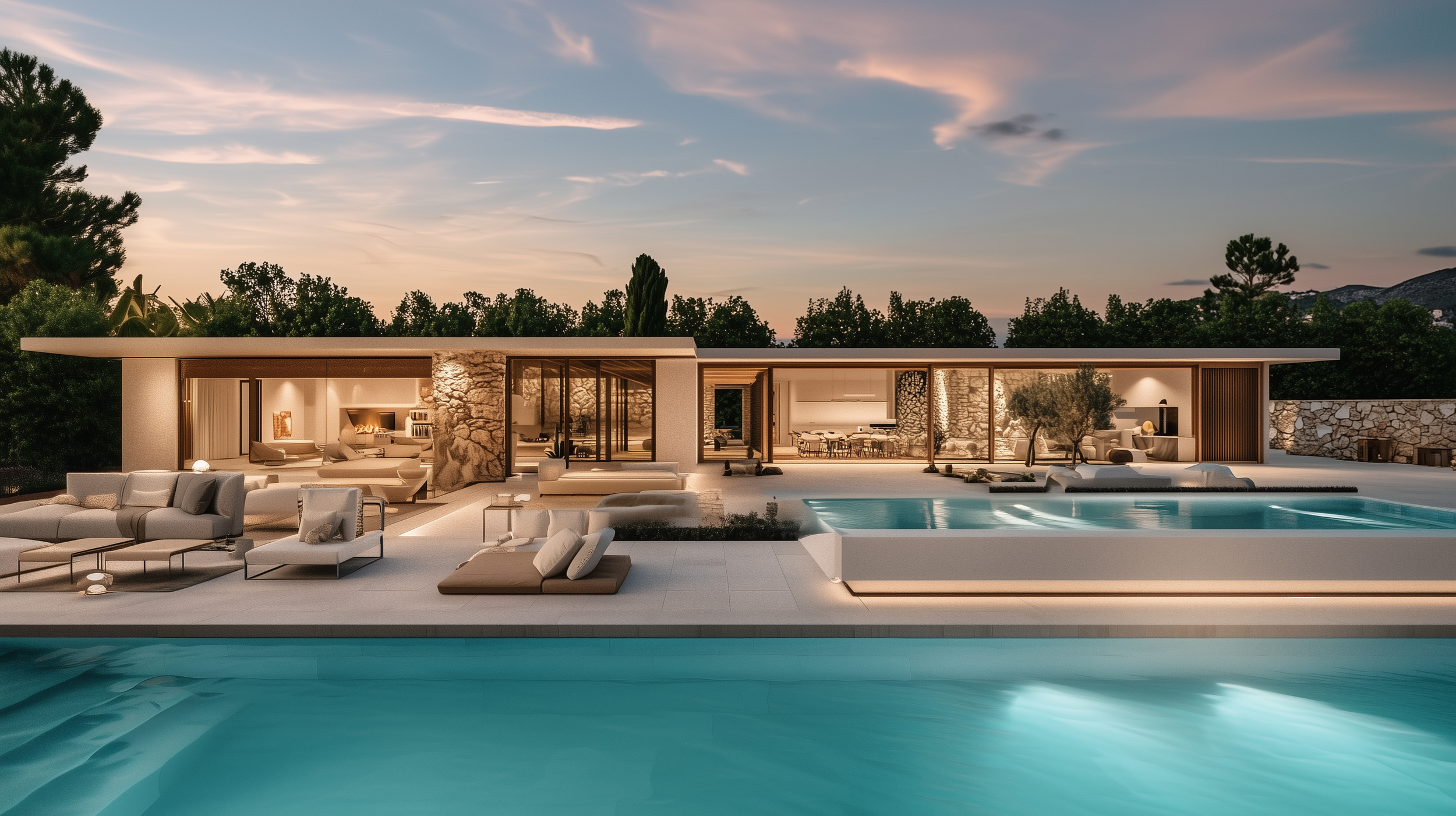 Modern house with large swimming pool, outdoor seating, and scenic natural background during sunset.
