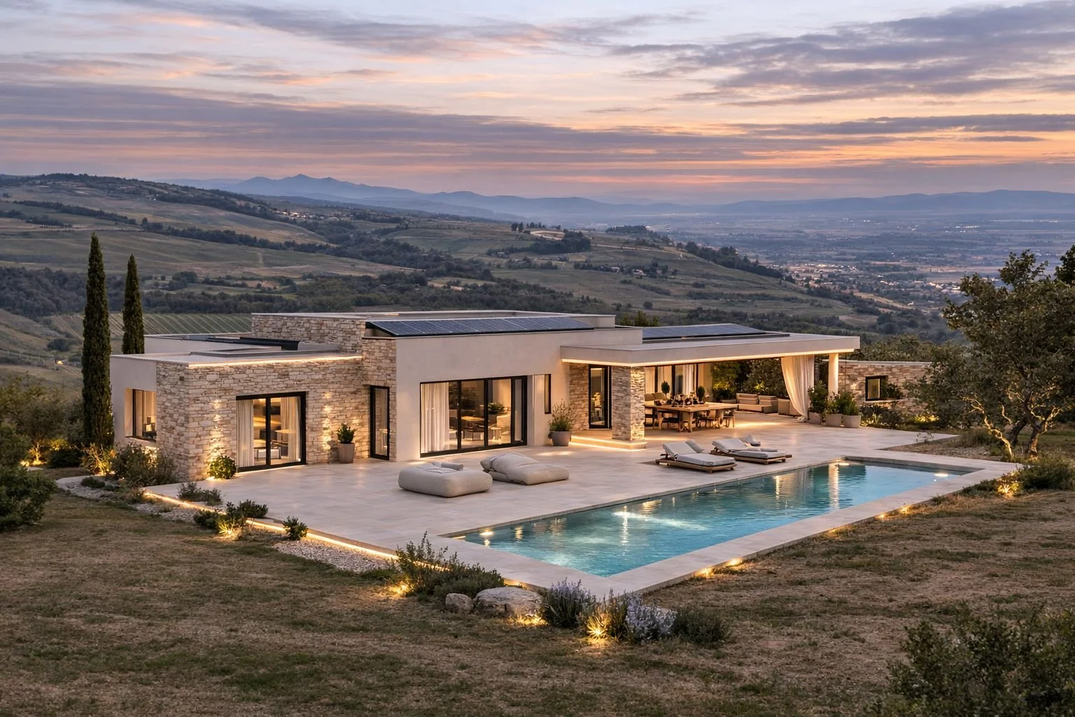 Modern house with stone and white walls, large glass windows and sliding doors, outdoor dining area, pool, lounge chairs, situated on a hillside with mountains and sunset sky in the background.