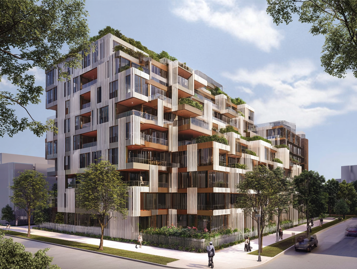 A modern multi-story residential building with a unique geometric design, featuring protruding balconies, large windows, and greenery on the rooftops and terraces.