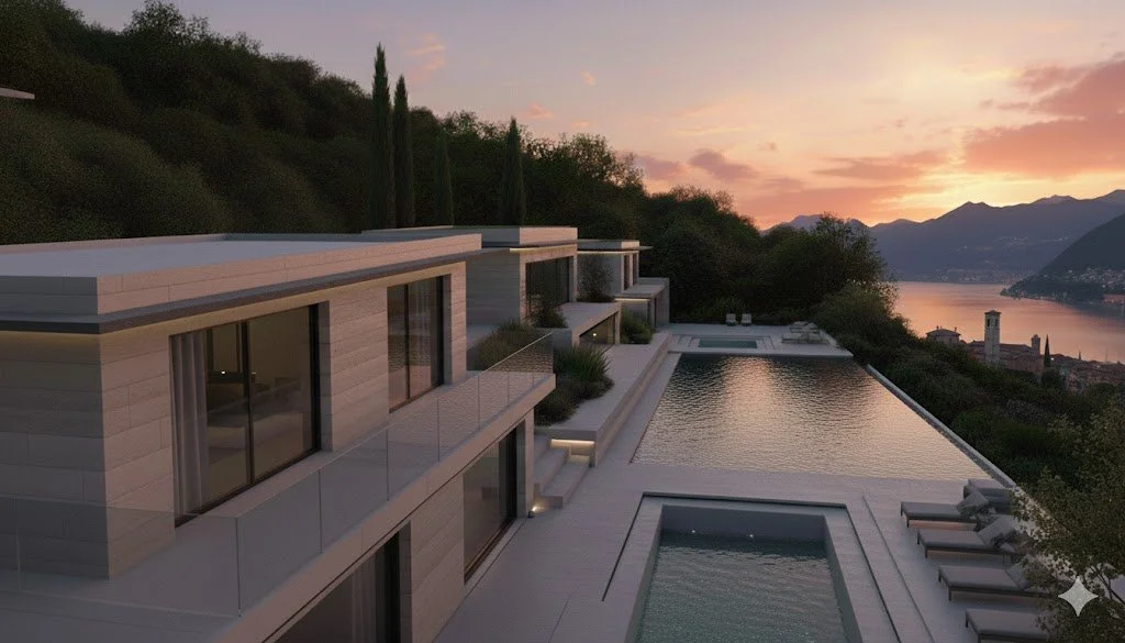 Luxury modern house with outdoor pool overlooking a lake and mountains during sunset.