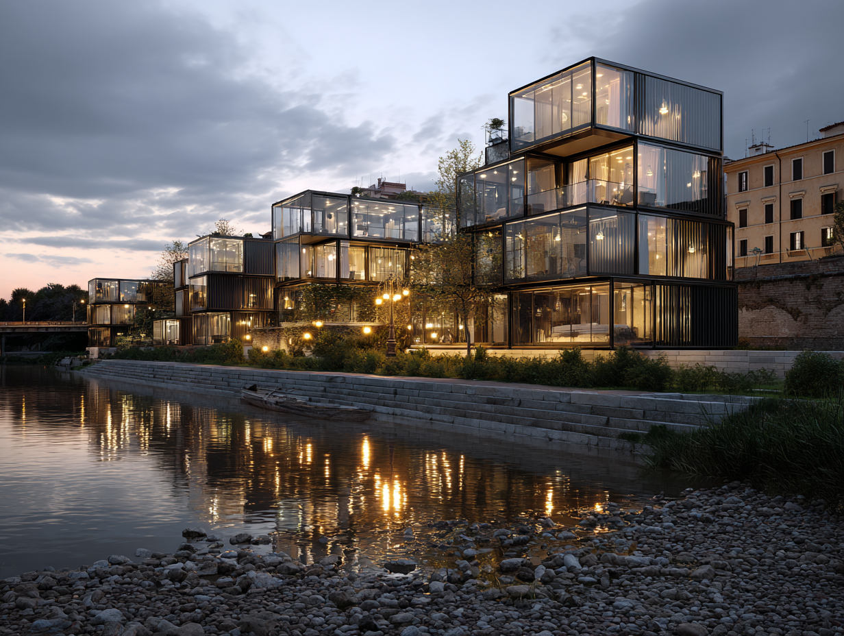 Modern glass apartment buildings along a river at dusk with illuminated interiors and reflections in the water.