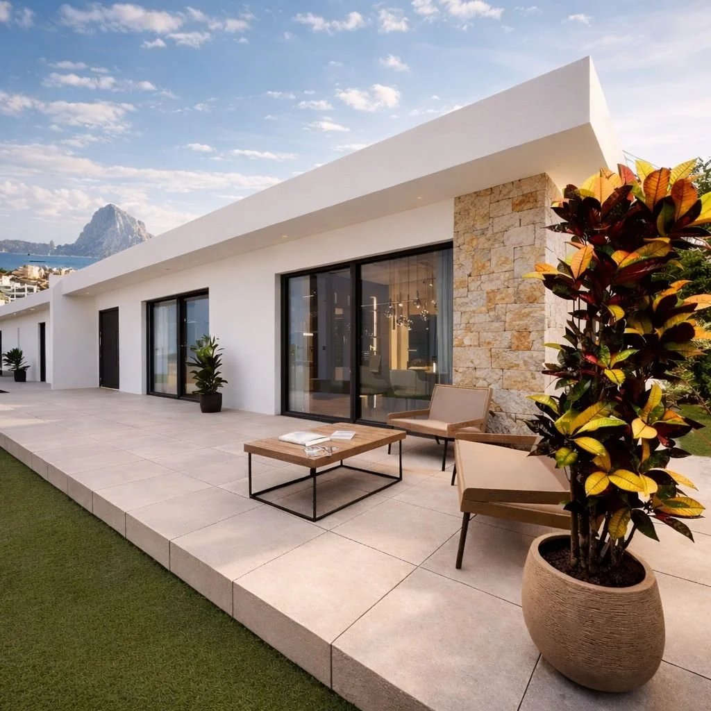 Modern white house with large glass sliding doors, outdoor seating, potted plants, and mountain view in the background.