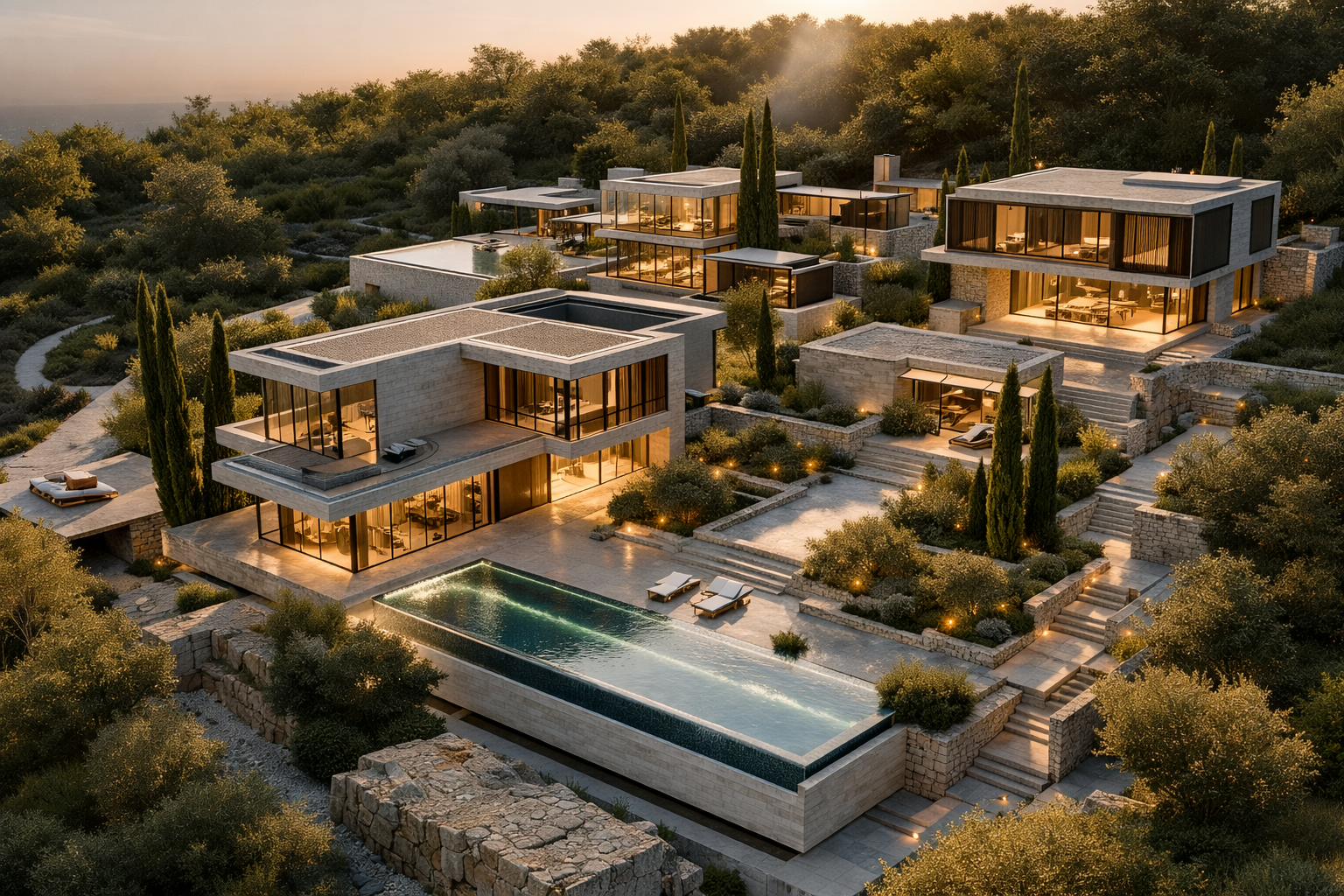 Modern luxury hillside estate with multiple homes, swimming pool, and landscaped gardens at sunset.