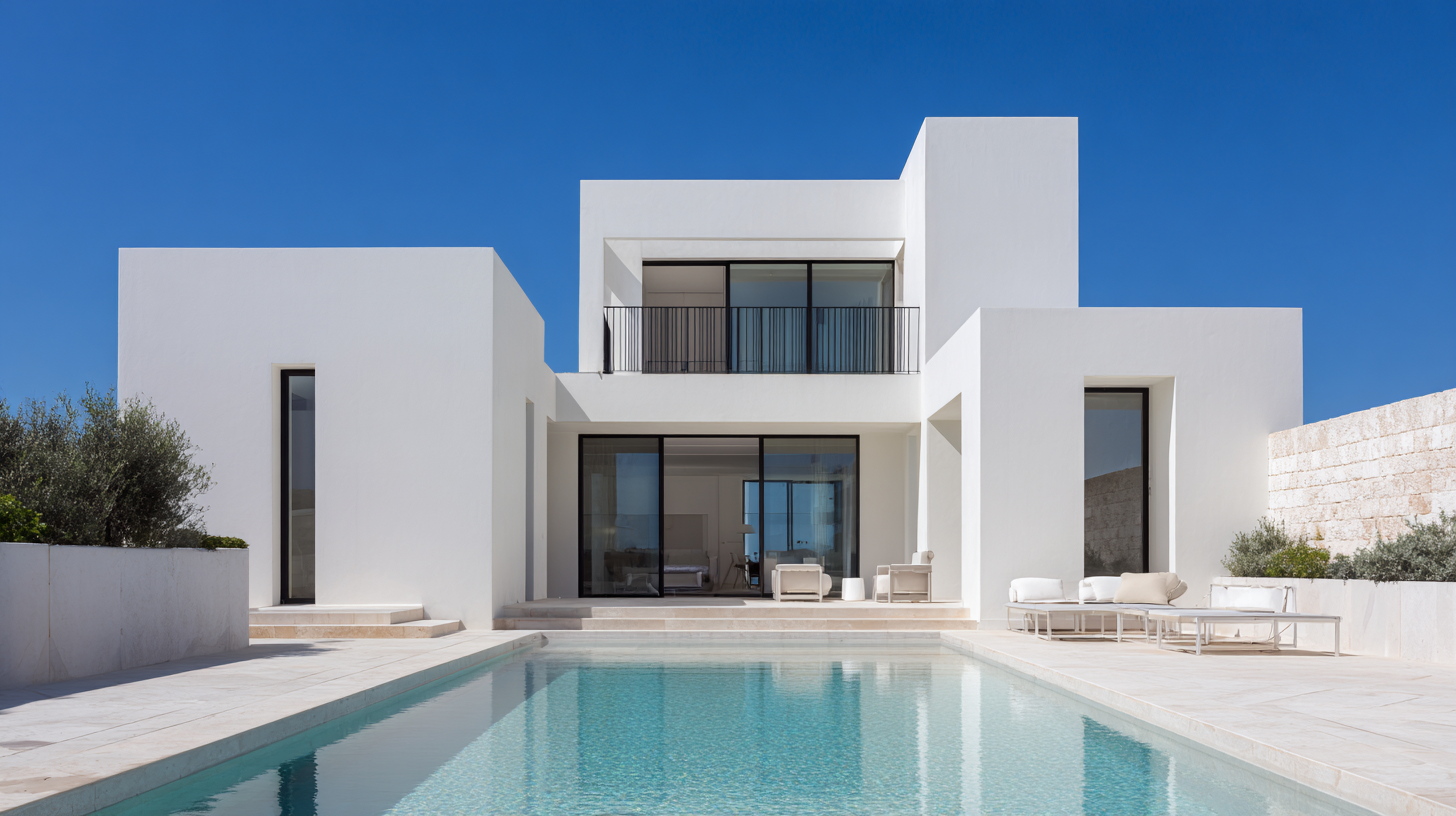 Modern white house with large sliding glass doors, outdoor seating, and a swimming pool in front under a clear blue sky.