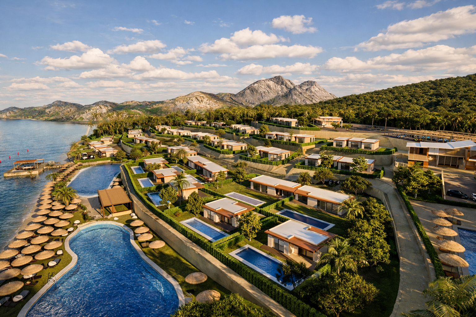 Aerial view of a scenic luxury resort with multiple villas, swimming pools, beach umbrellas, and a coastline with mountains in the background.