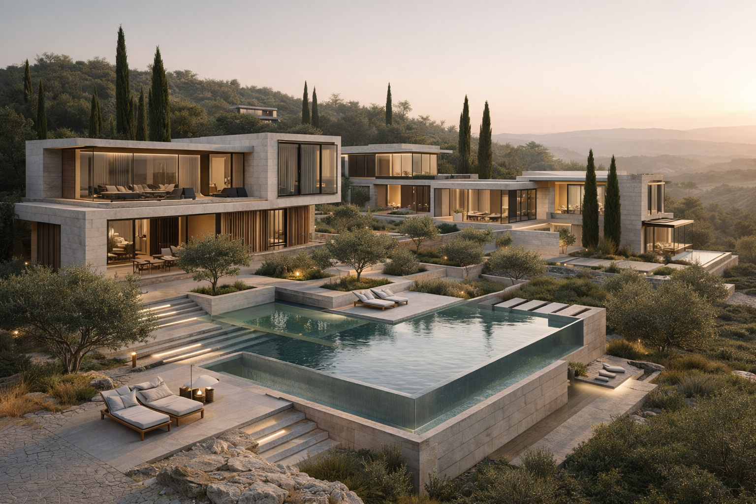 Modern luxury hillside villa with multiple levels, large glass windows, and an infinity pool surrounded by lounge chairs and landscaped gardens at sunset.