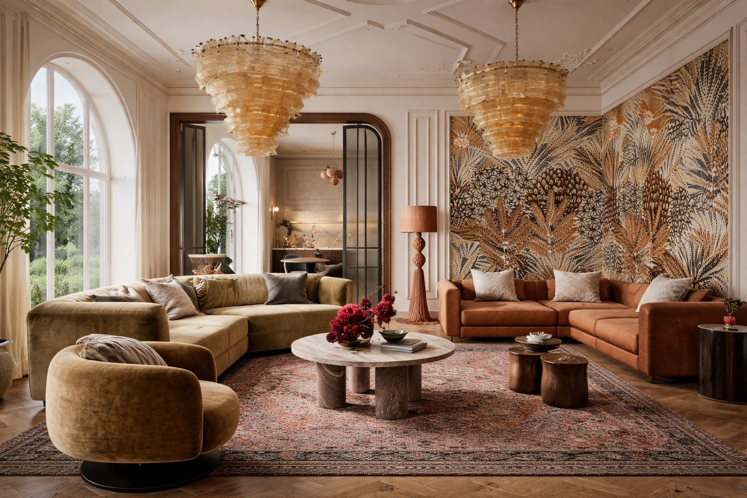 Elegant living room with large windows, two chandeliers, beige and rust-colored sofas, a round marble coffee table with pink flowers, and a patterned wall with tropical motifs.