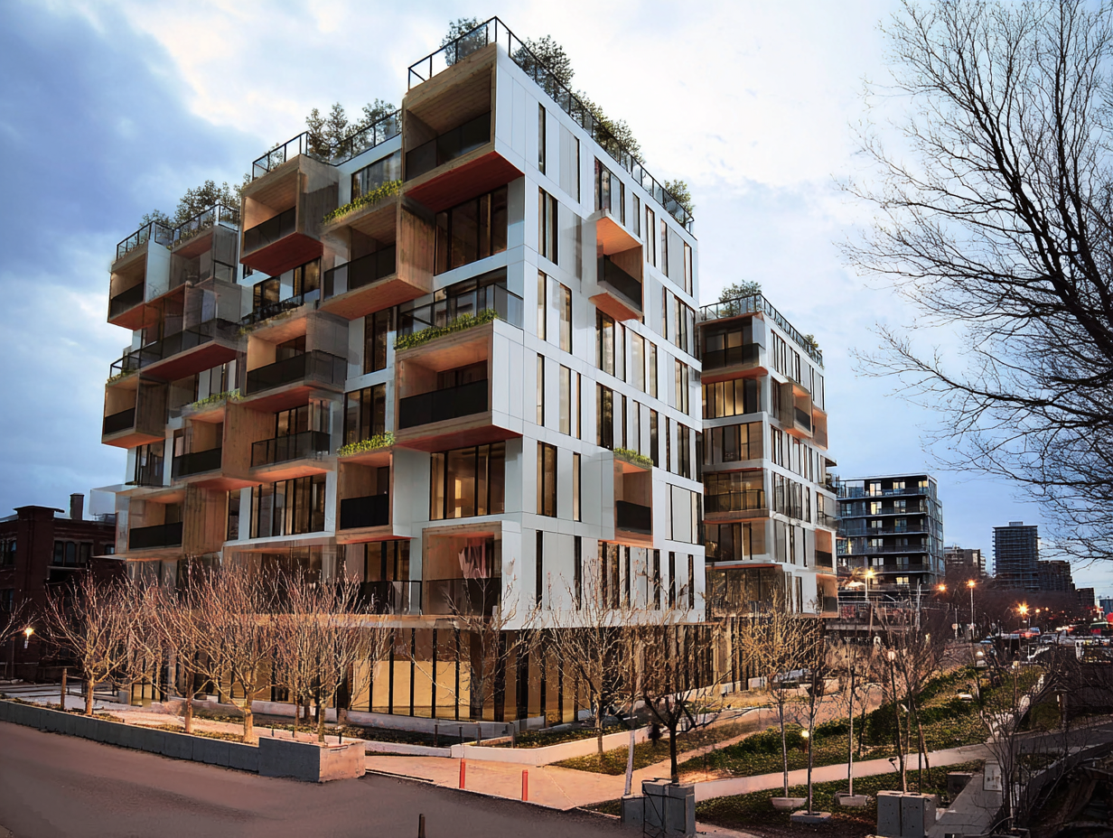 Modern multi-story apartment building with large windows and balconies, surrounding trees with no leaves, cityscape in the background during dusk.