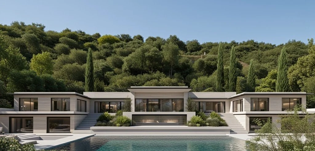 Modern house with multiple levels and large windows, surrounded by lush green trees and shrubs, with a pool in the foreground.