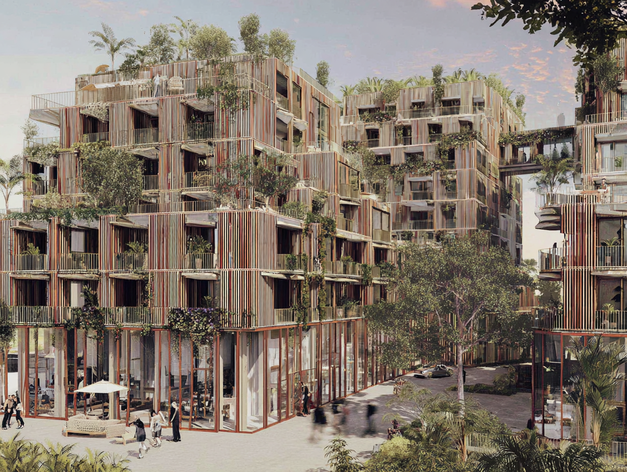A modern multi-story residential building with a unique design featuring vertical wooden slats and glass windows, surrounded by trees, greenery, and people walking on the street in an urban setting.