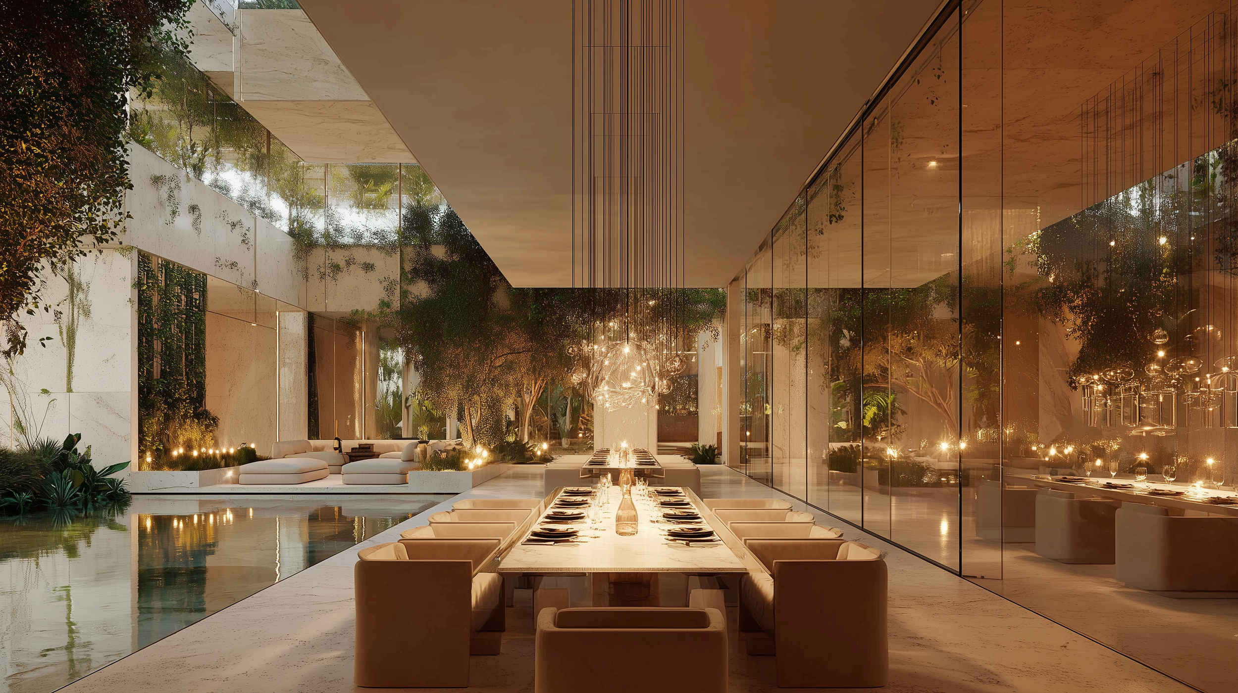 Modern outdoor dining area with a long table set with plates, and a chandelier hanging above. Surrounding the space are trees, lush greenery, and a reflective pool on the left. Glass walls on the right reflect the interior lights and decor, creating 
