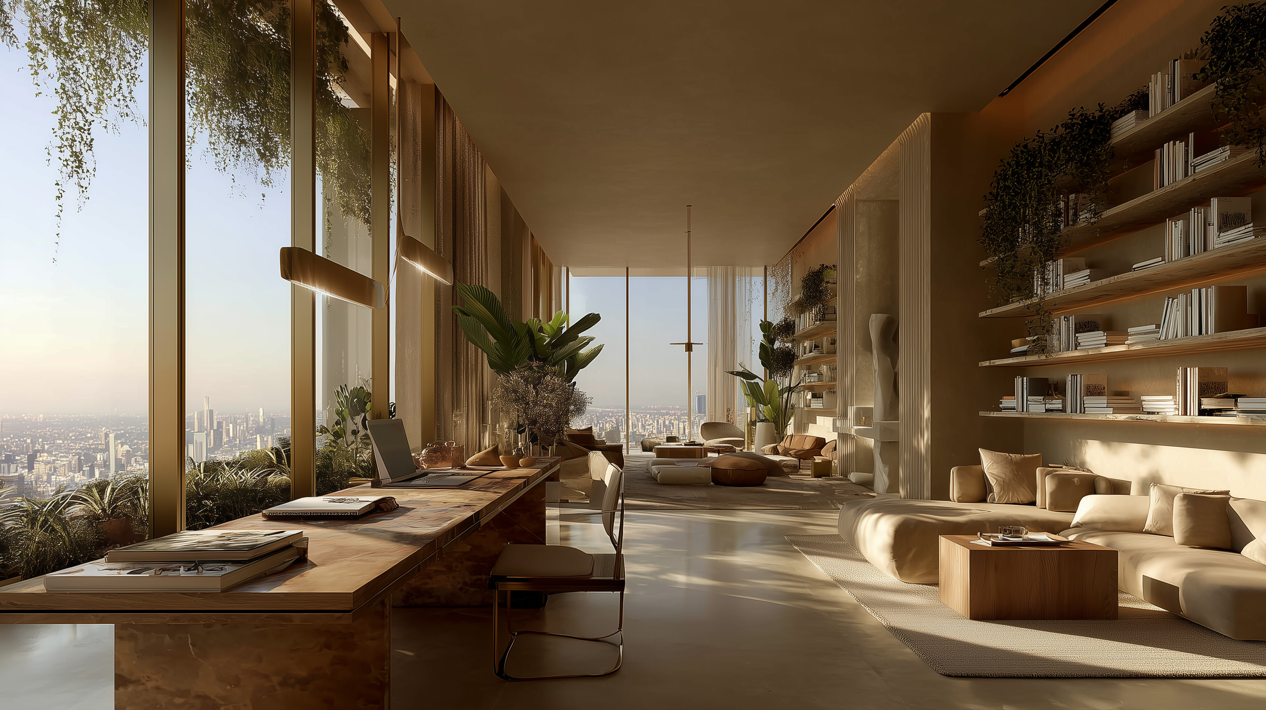Modern office or living space with large windows showing a city skyline, decorated with plants, books, and comfortable furniture in neutral tones, illuminated by warm natural light.
