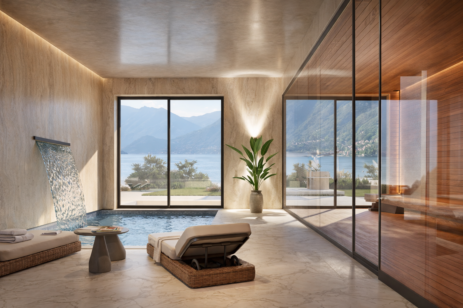 Modern indoor space with a small pool, a lounge chair, a side table with magazines, large sliding glass doors revealing a lakeside view with mountains, a tall palm plant, and wooden accents.