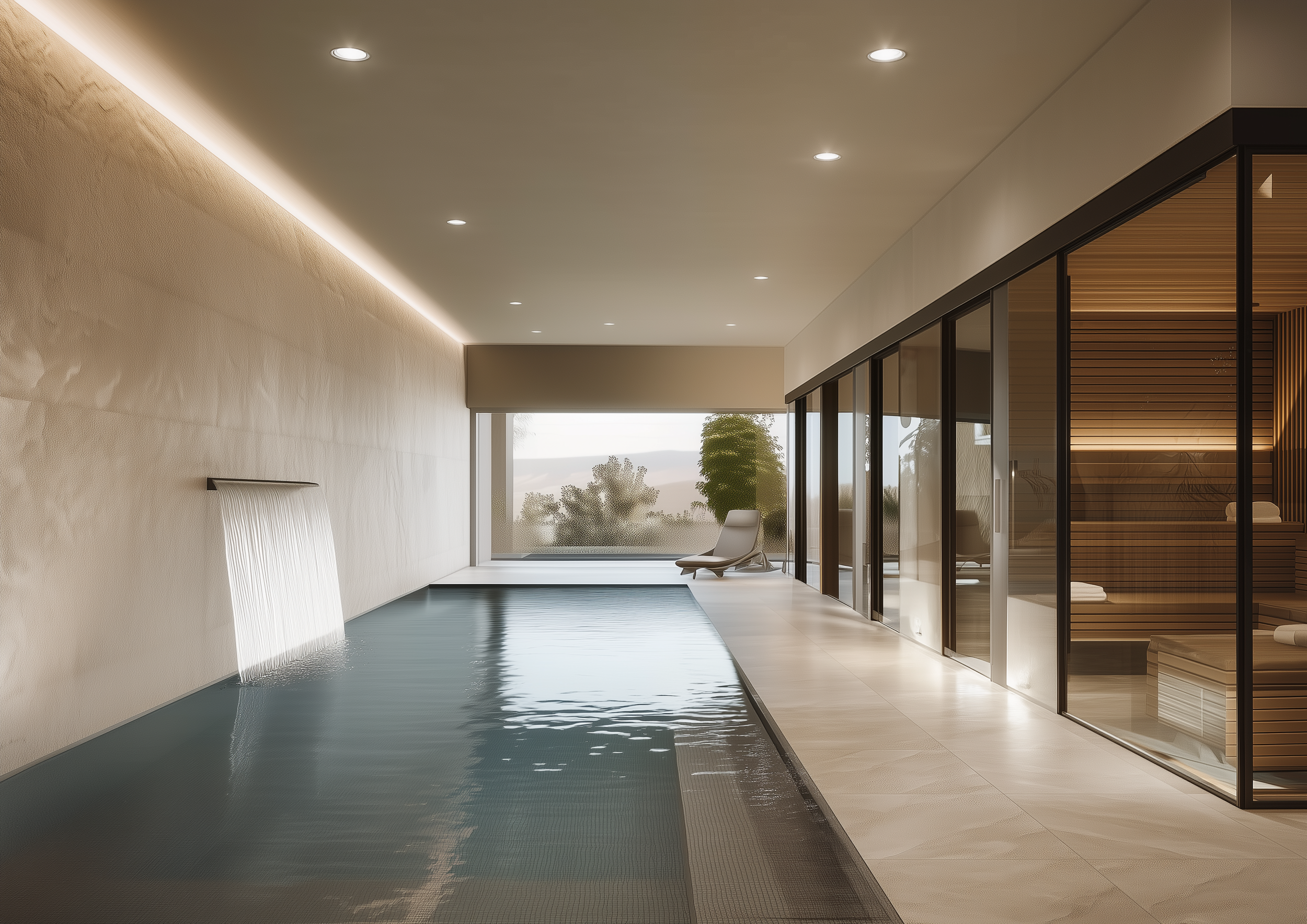 Indoor swimming pool area with a water feature on a beige wall, a lounge chair by large windows overlooking nature, and glass doors leading to a sauna with wooden interior.