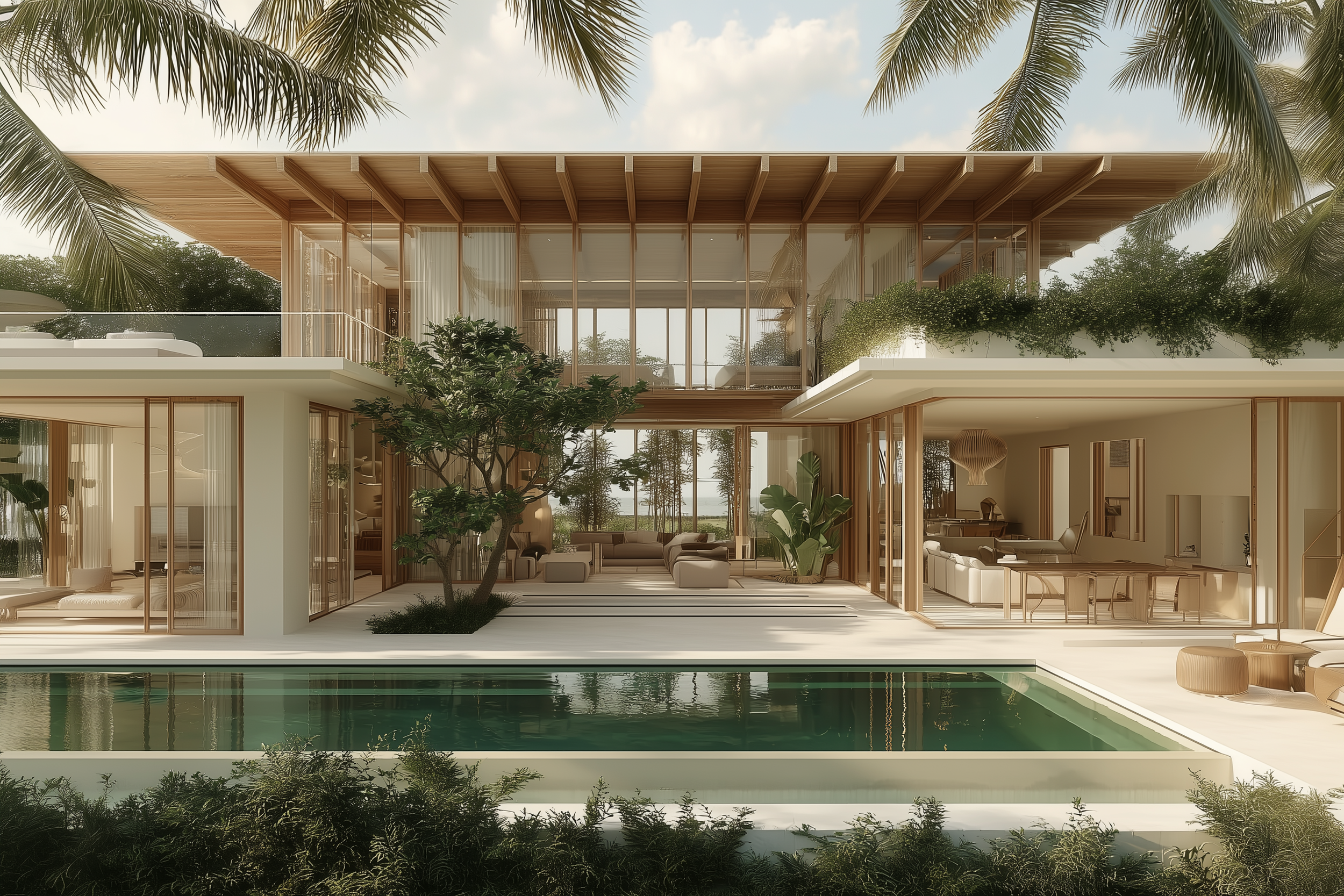 Modern two-story house with large glass windows, surrounded by palm trees, with a swimming pool in the foreground and lush greenery.